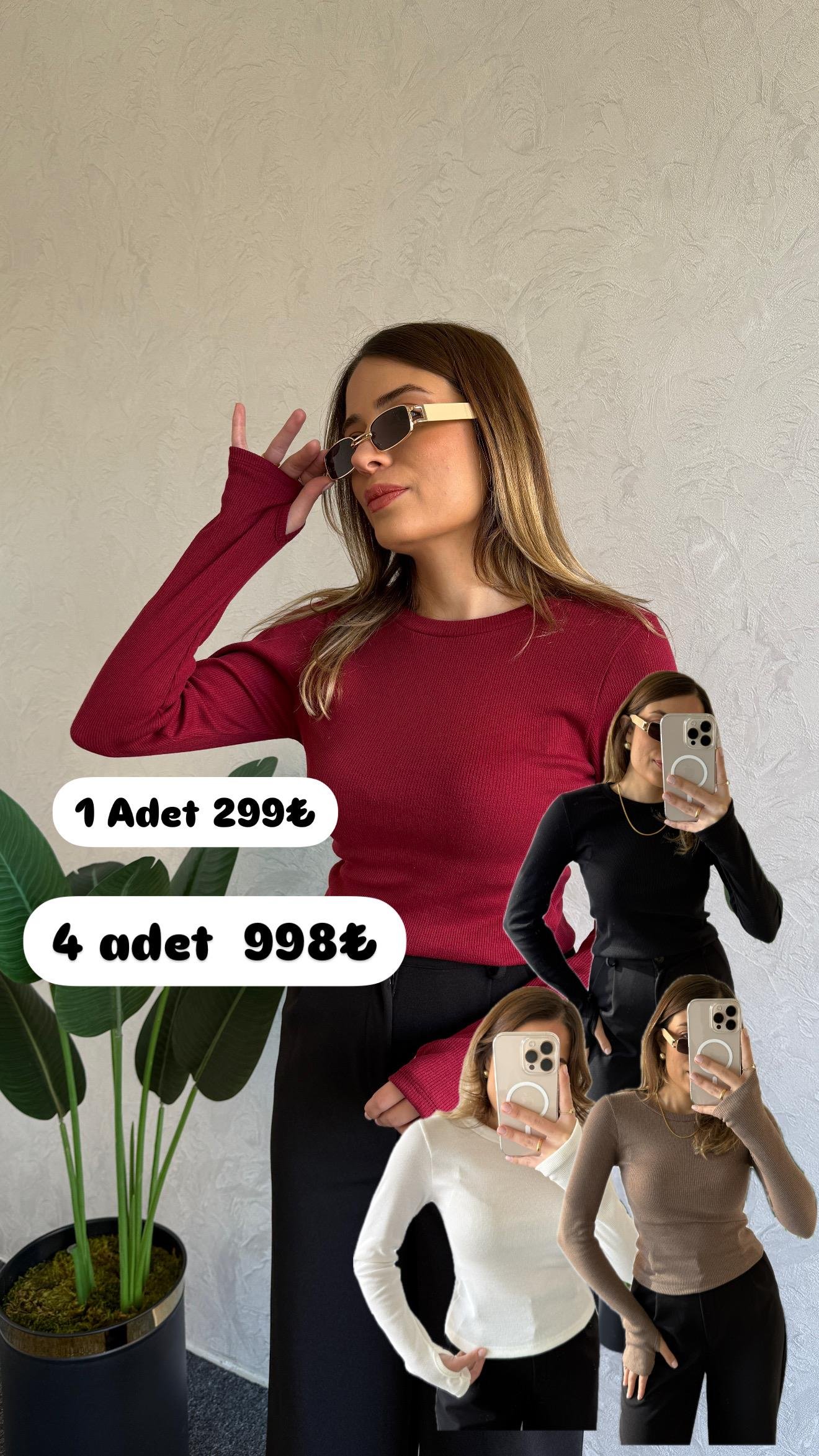 Parmak Geçmeli Bluz 4 lü Paket 1020