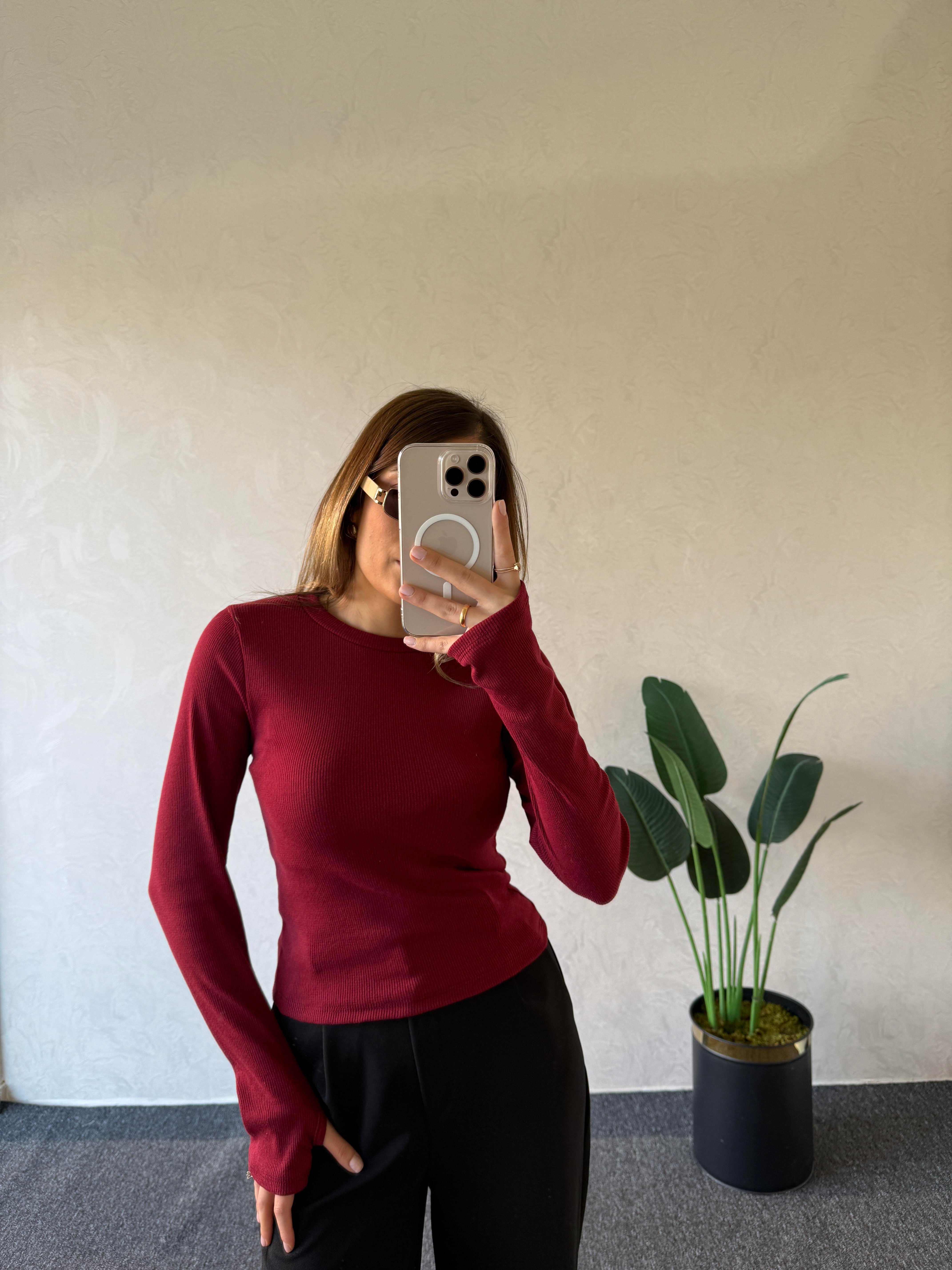 Parmak Geçmeli Bluz Bordo - 1015