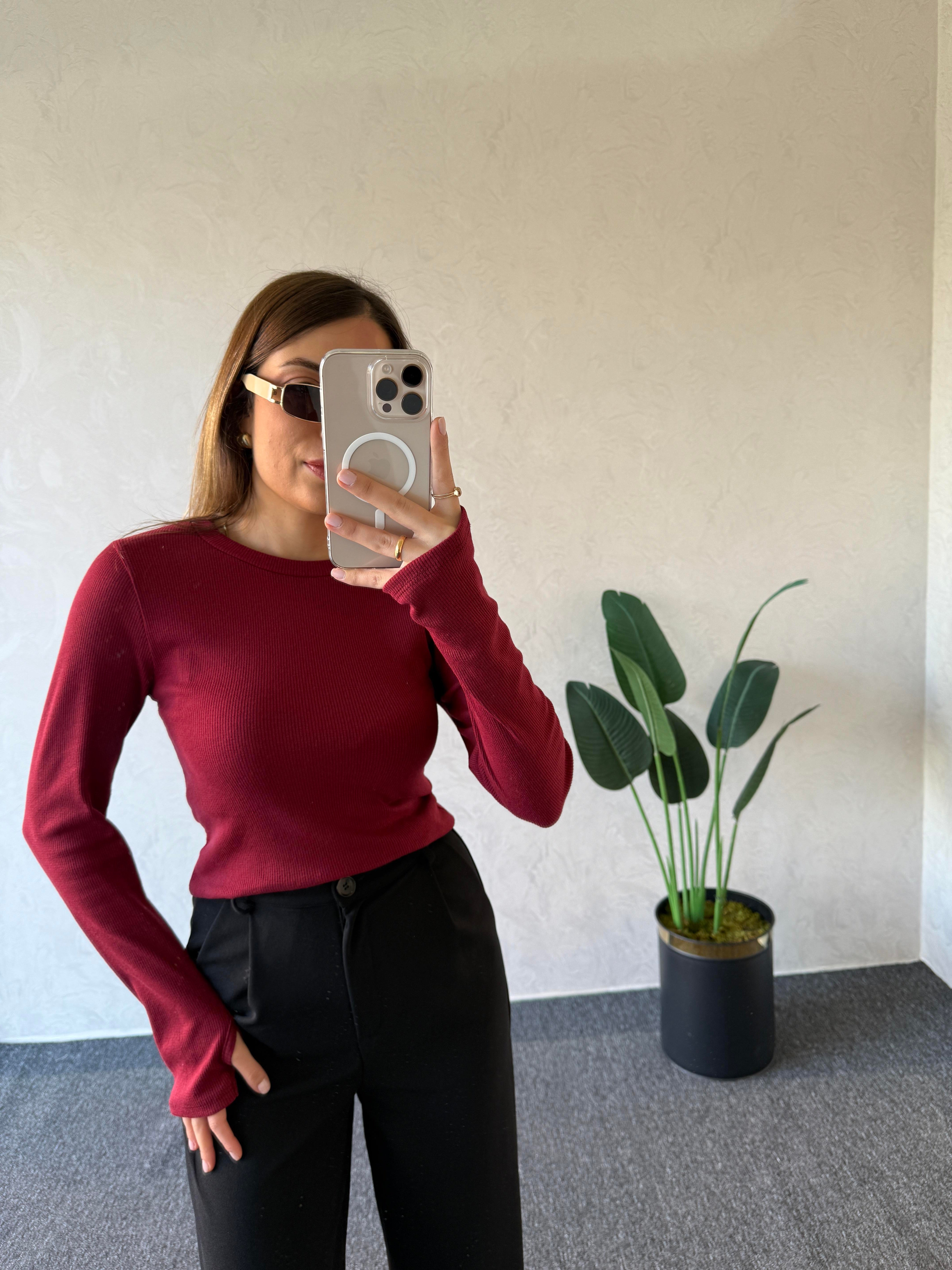 Parmak Geçmeli Bluz Bordo - 1015