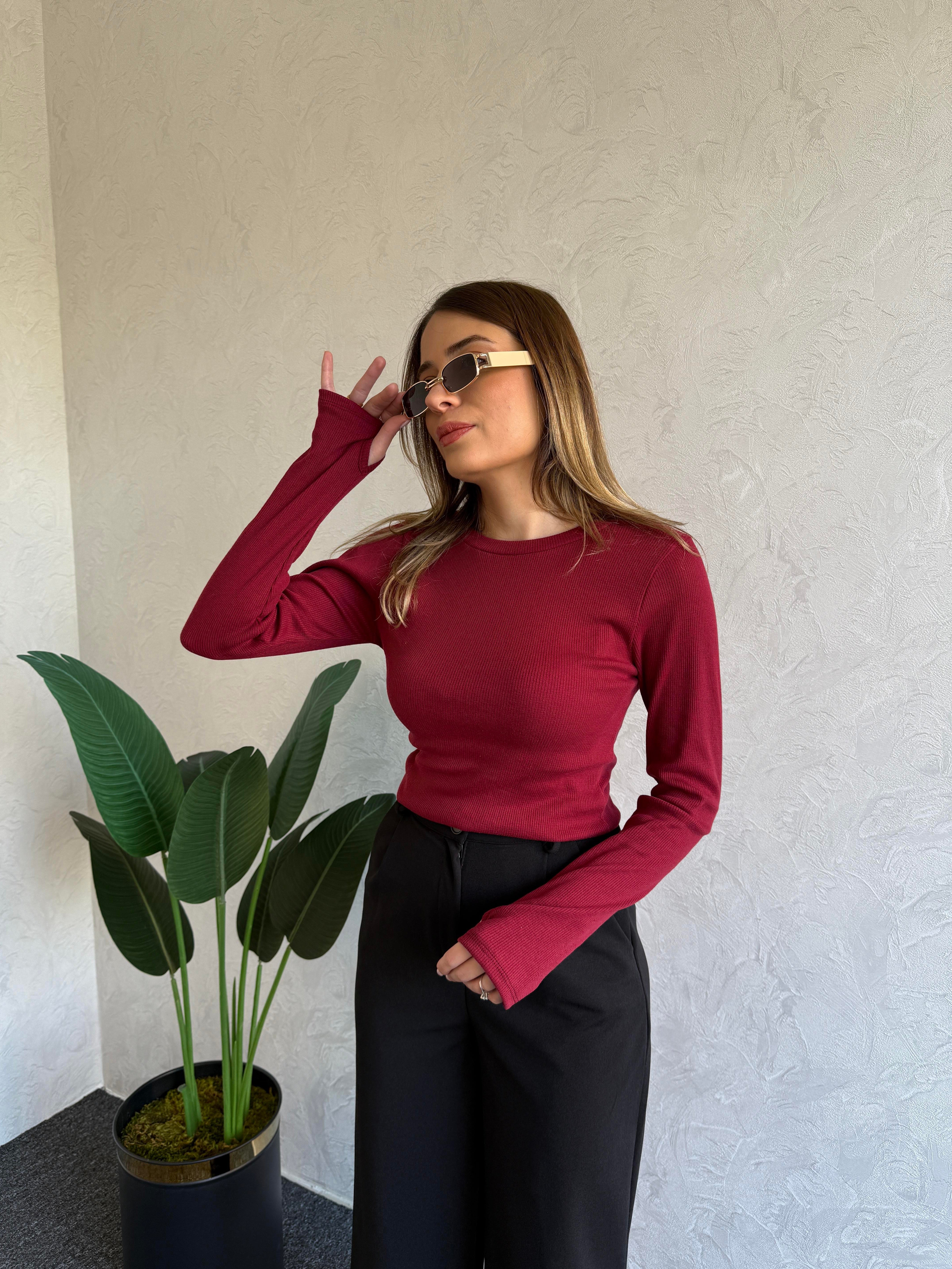 Parmak Geçmeli Bluz Bordo - 1015