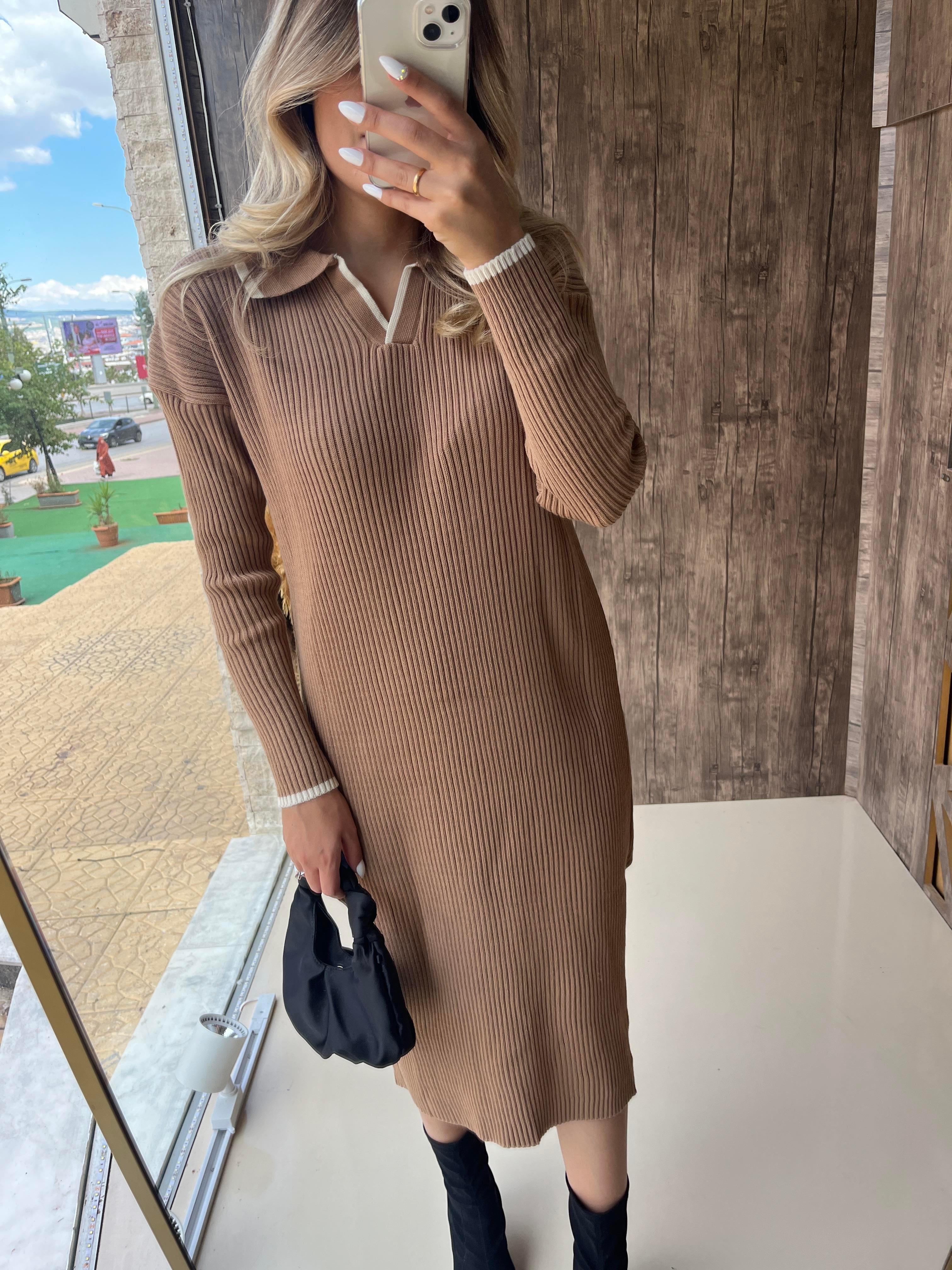 Polo Yaka Midi Triko Elbise Camel
