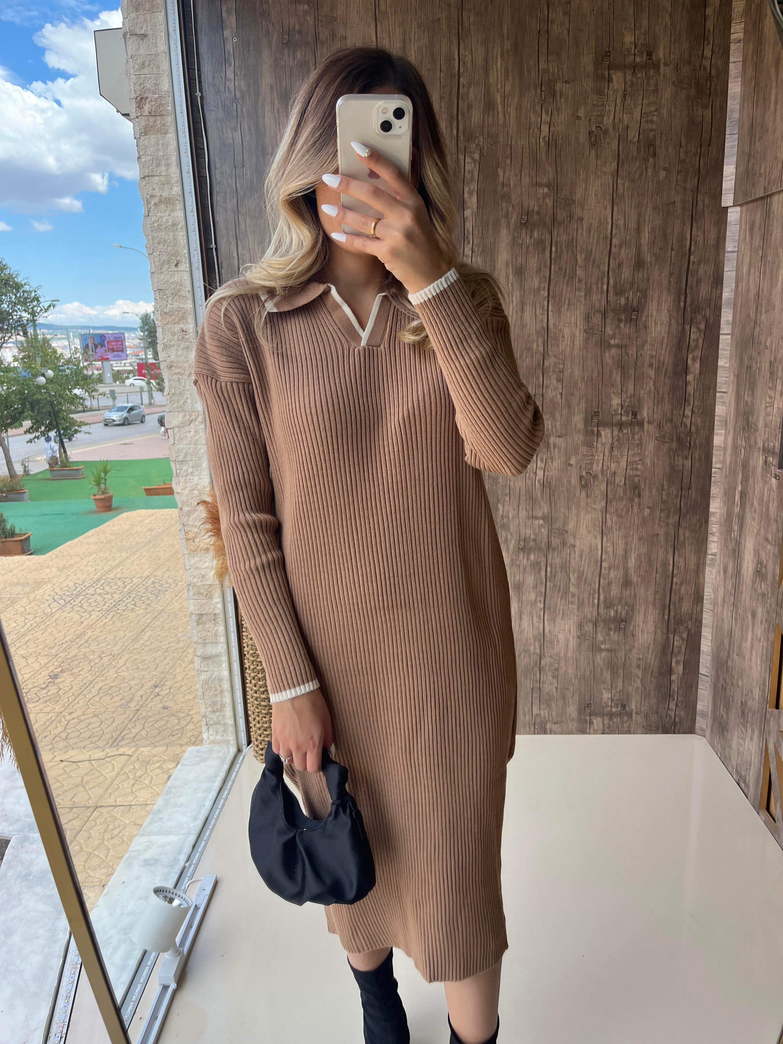 Polo Yaka Midi Triko Elbise Camel