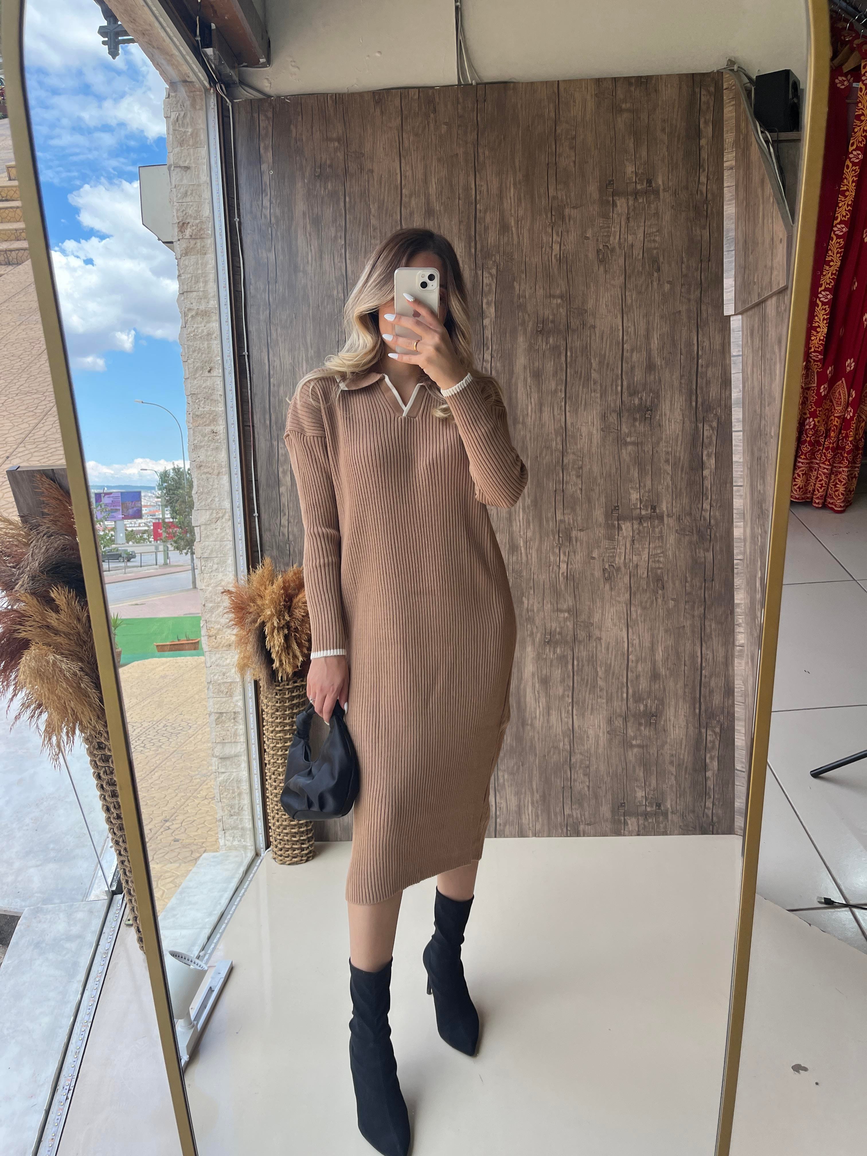 Polo Yaka Midi Triko Elbise Camel