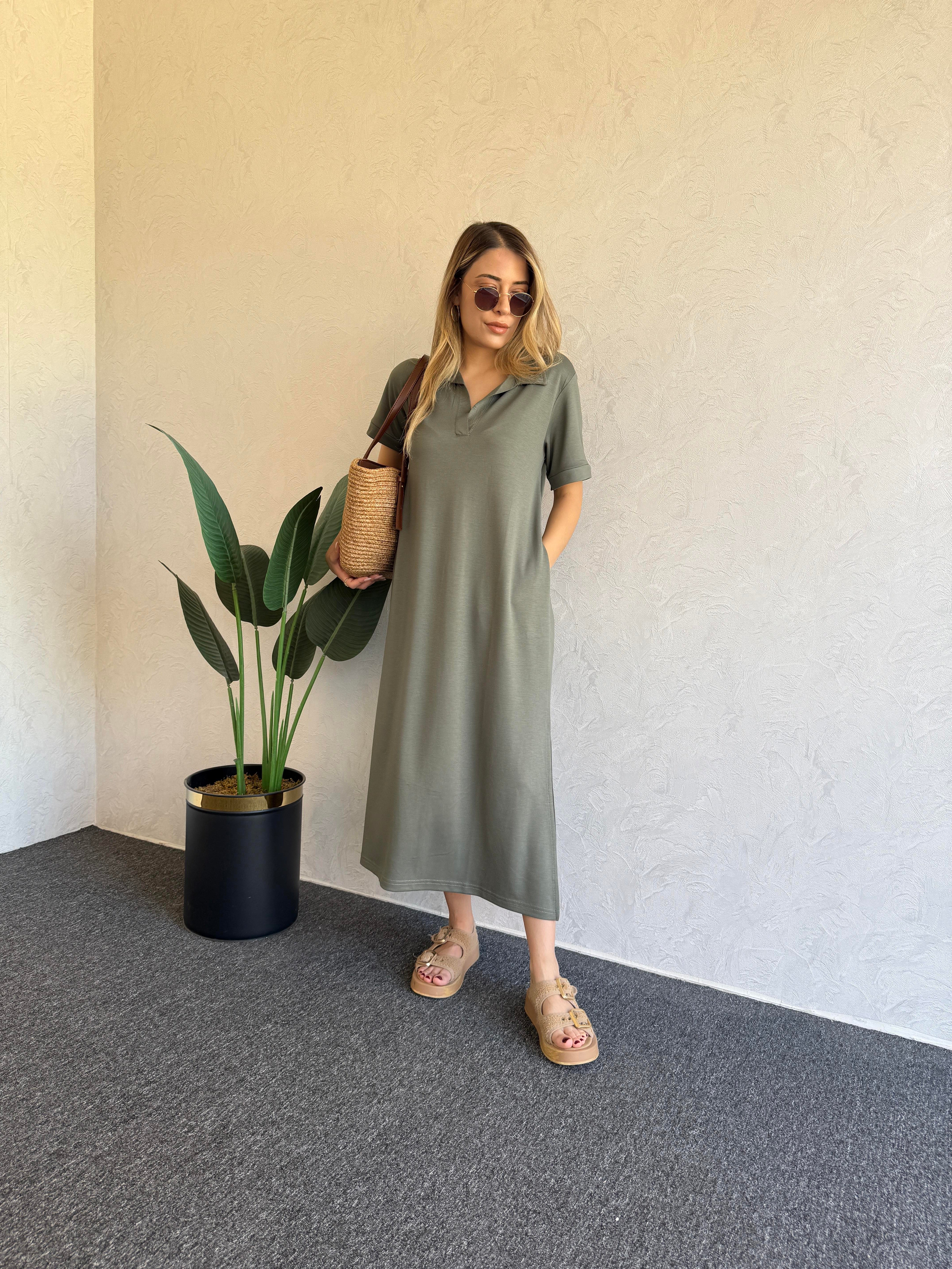 Polo Yaka Modal Elbise Haki - 1060