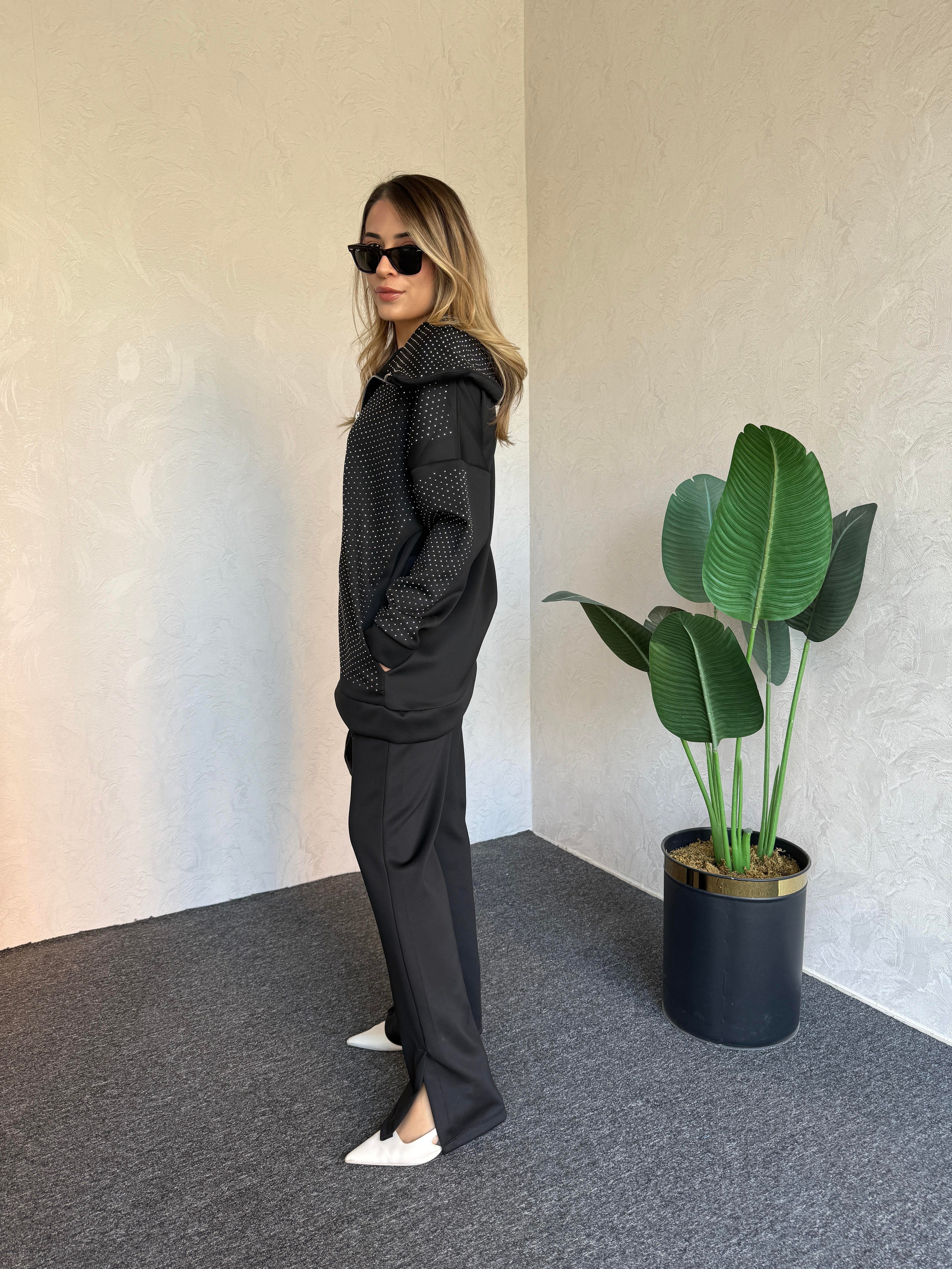 Taşlı Tasarım Scuba Takım Siyah - 1079