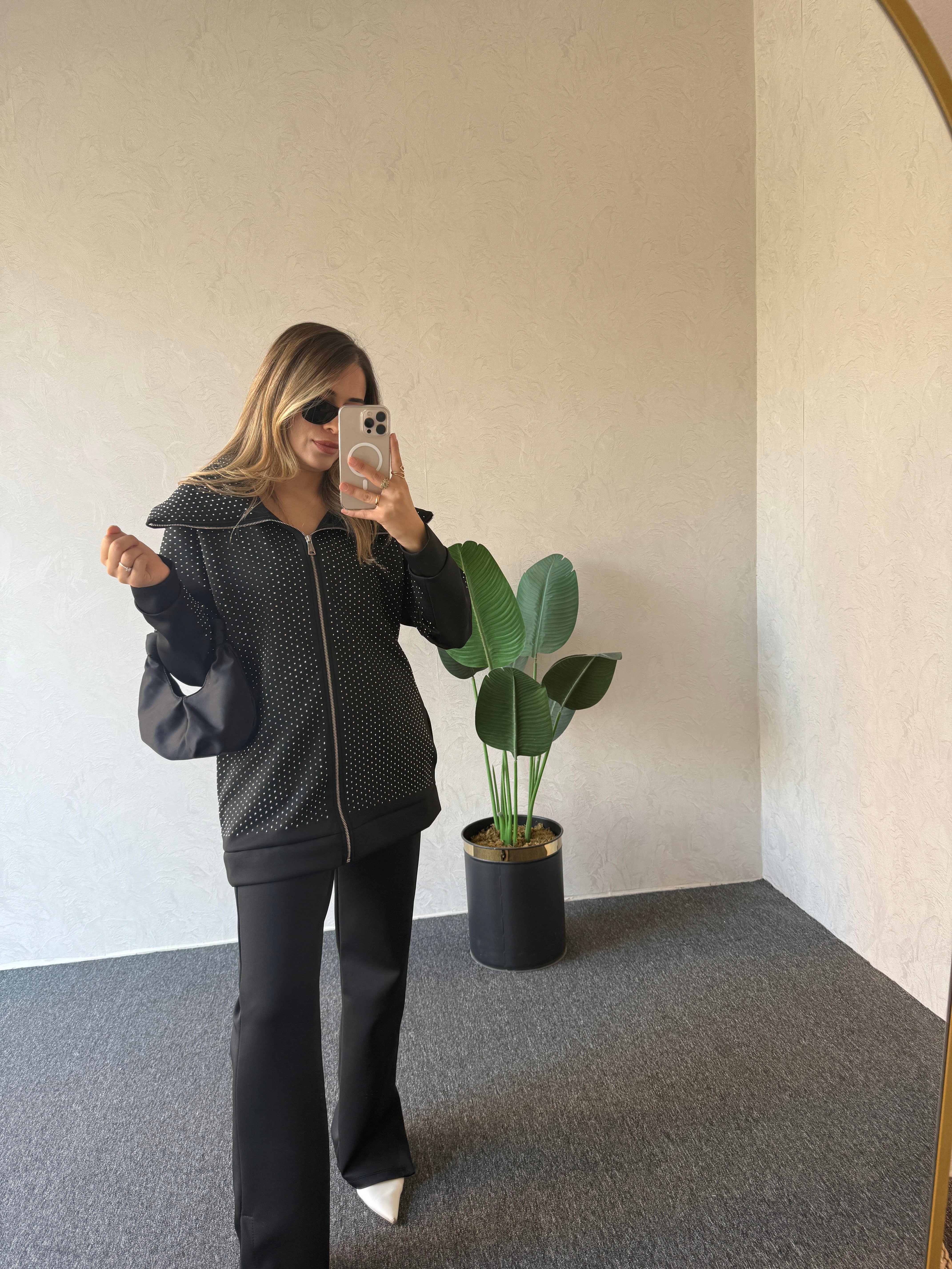 Taşlı Tasarım Scuba Takım Siyah - 1079