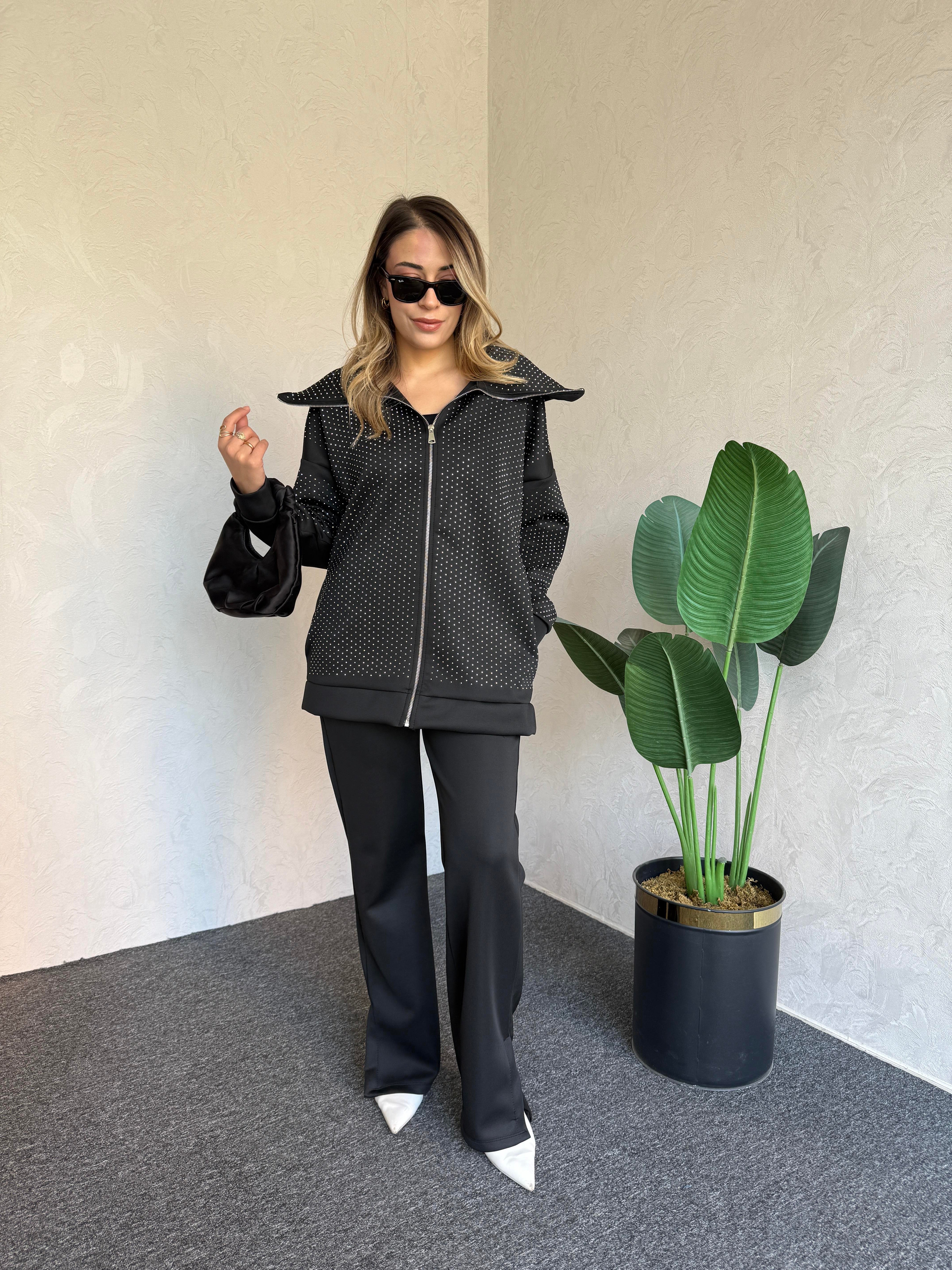 Taşlı Tasarım Scuba Takım Siyah - 1079