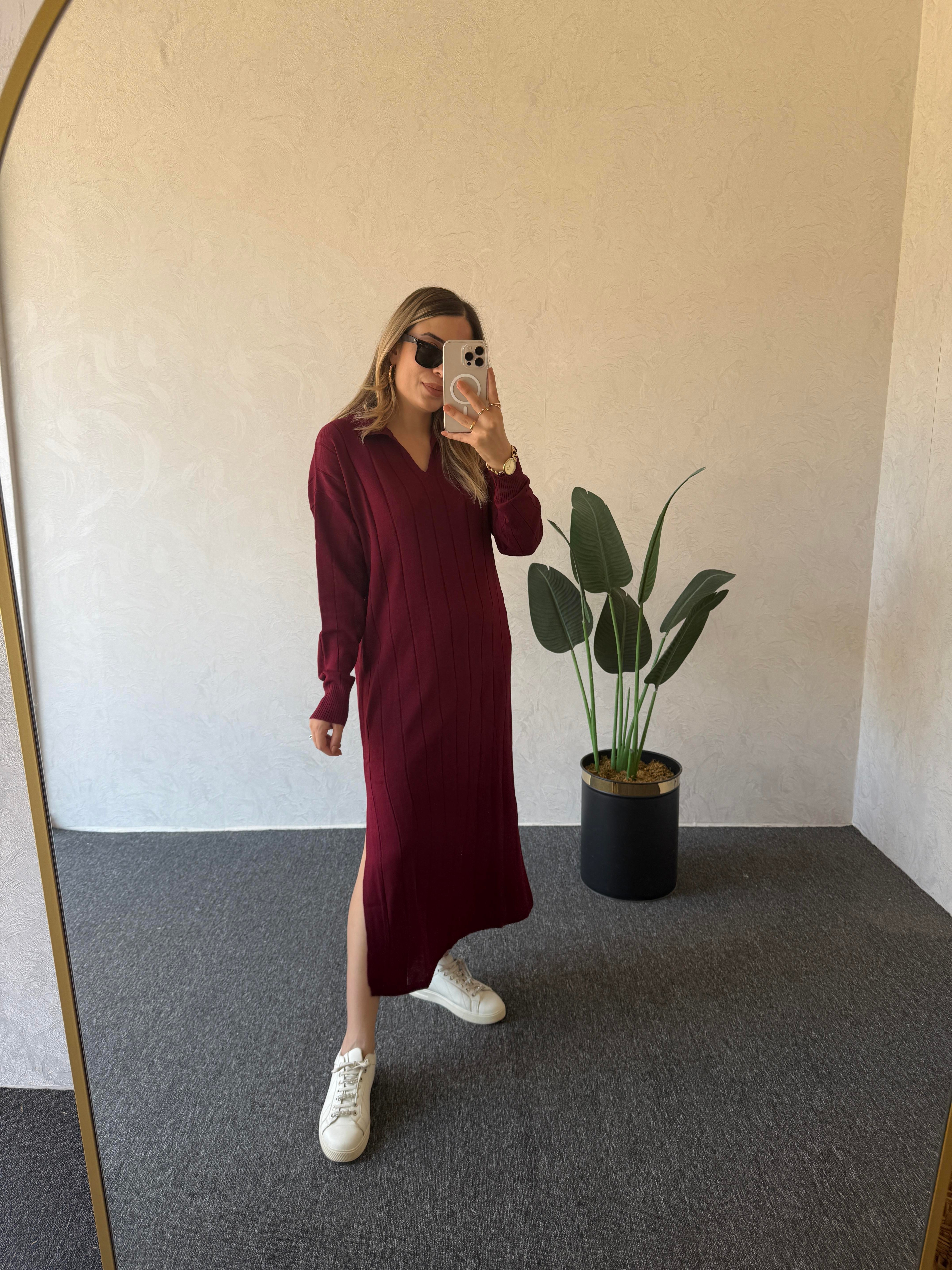Uzun Kol Basic Elbise Bordo - 1064