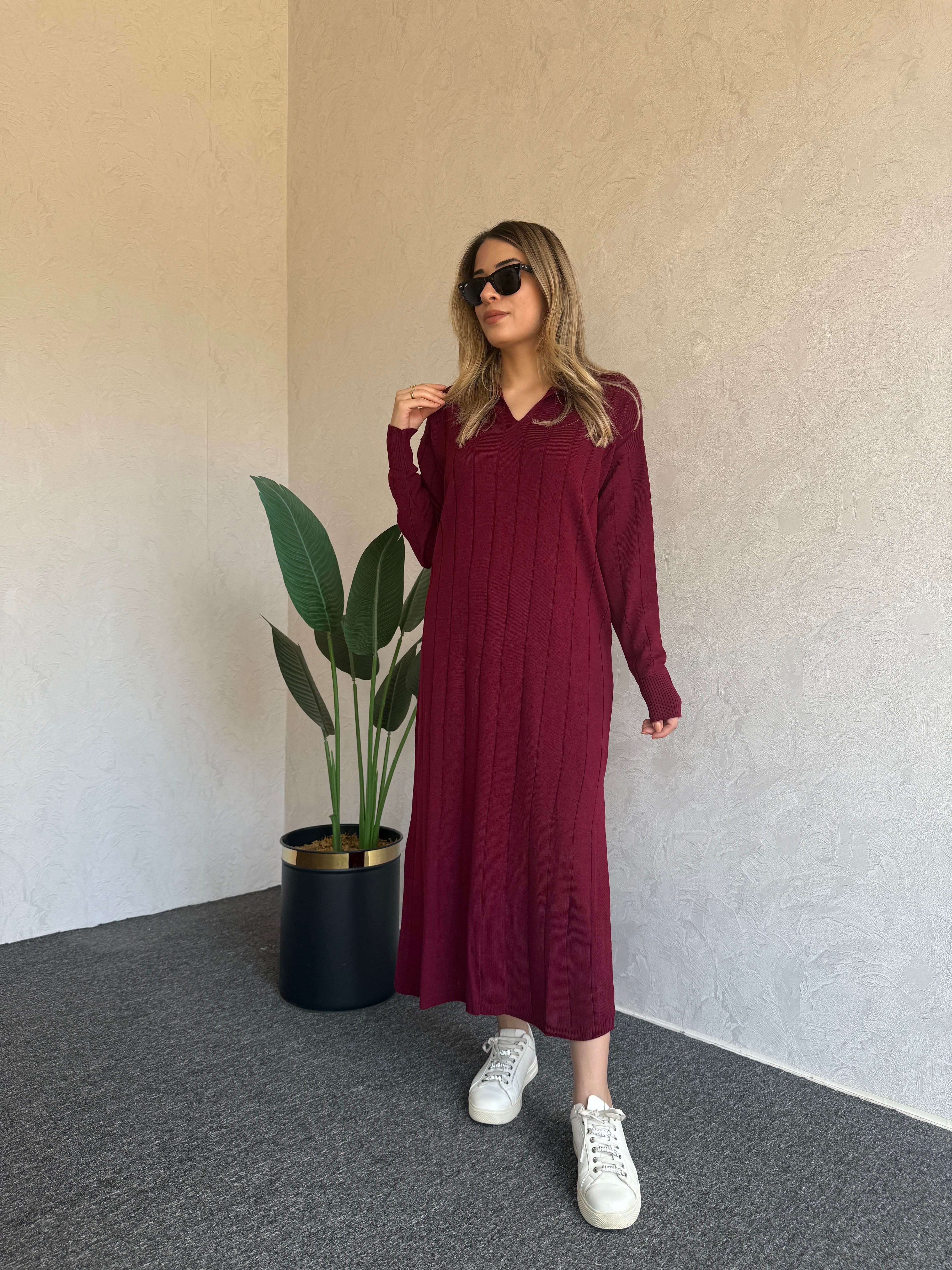 Uzun Kol Basic Elbise Bordo - 1064