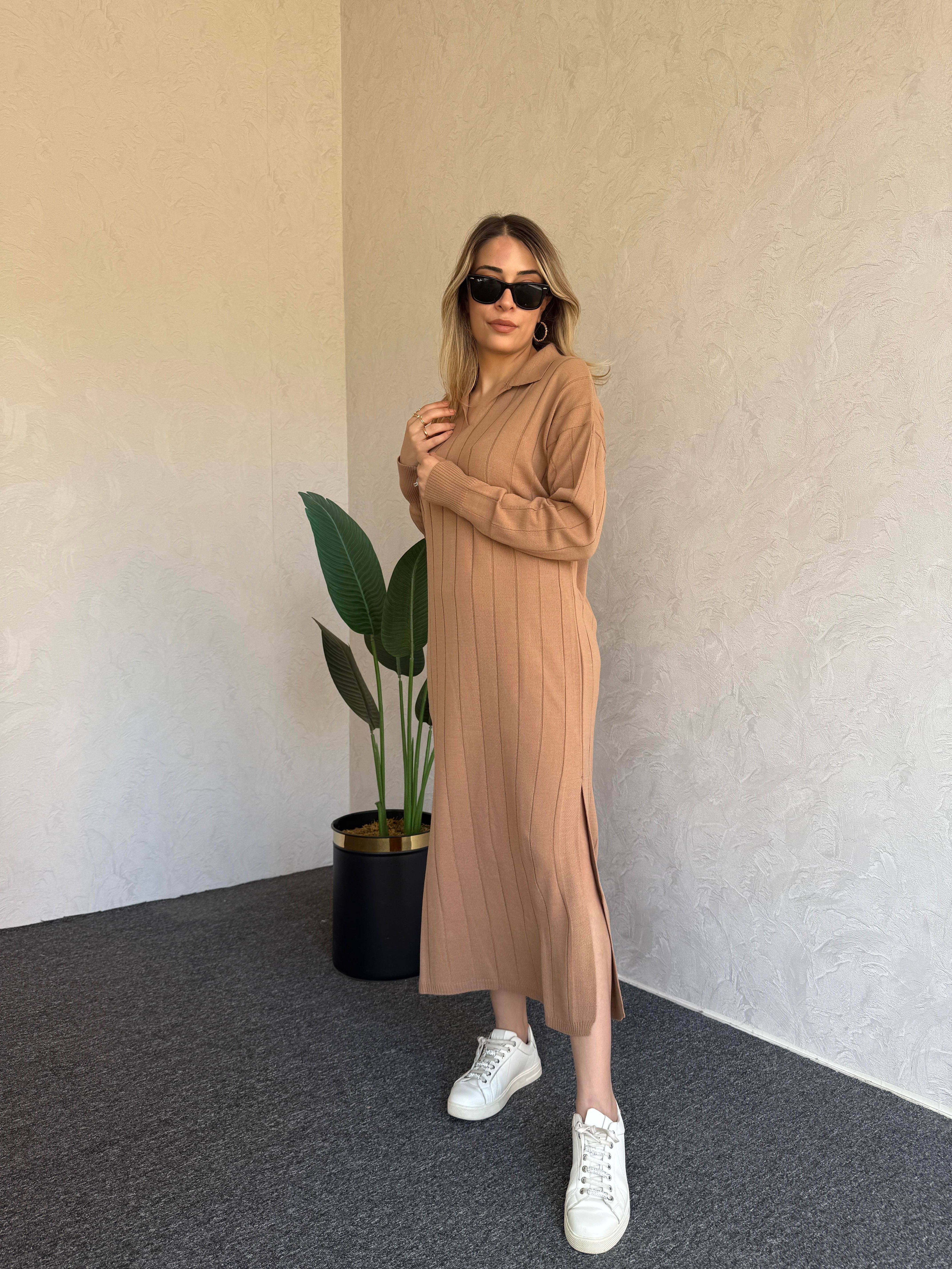 Uzun Kol Basic Elbise Camel - 1064
