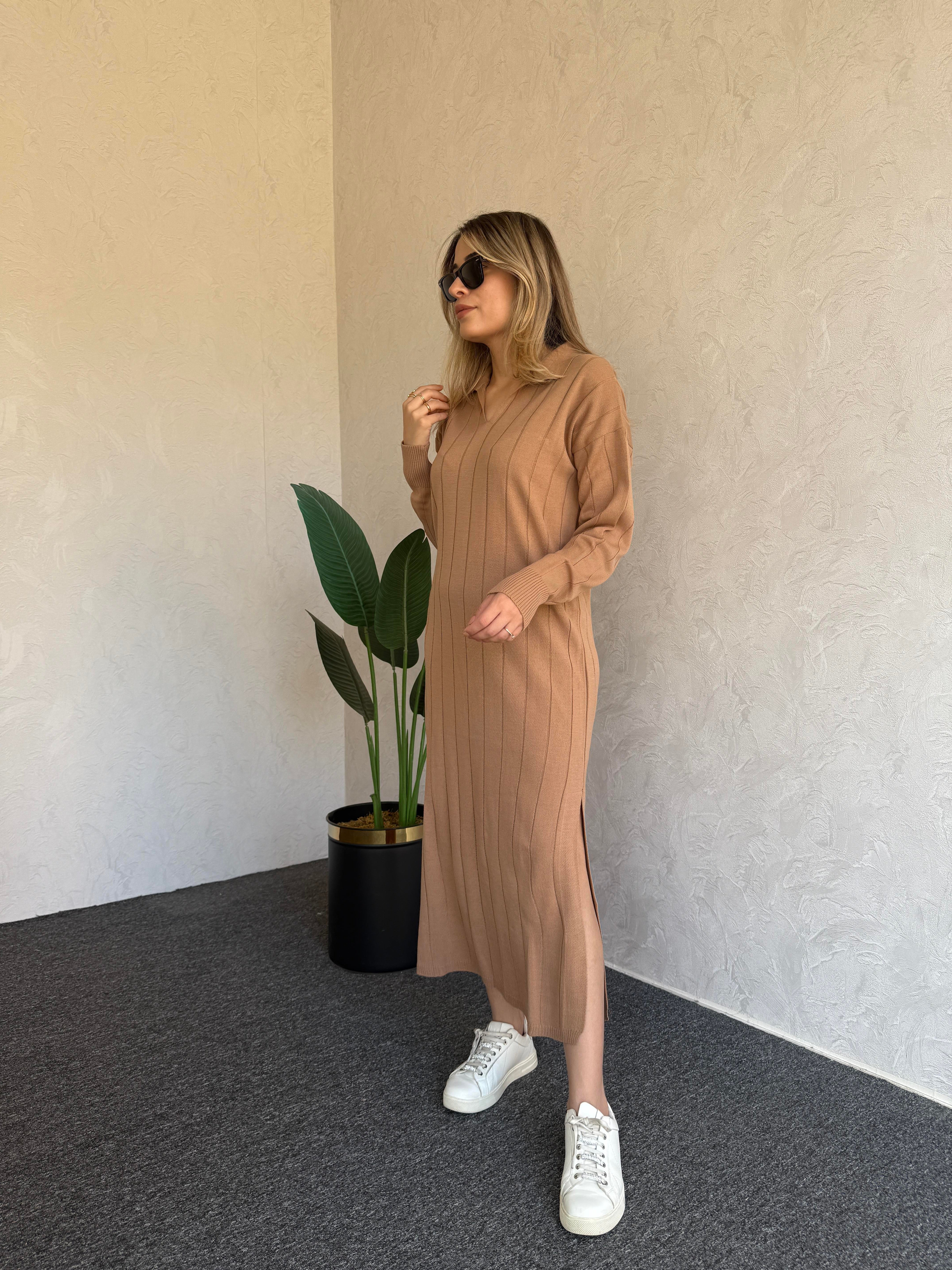 Uzun Kol Basic Elbise Camel - 1064