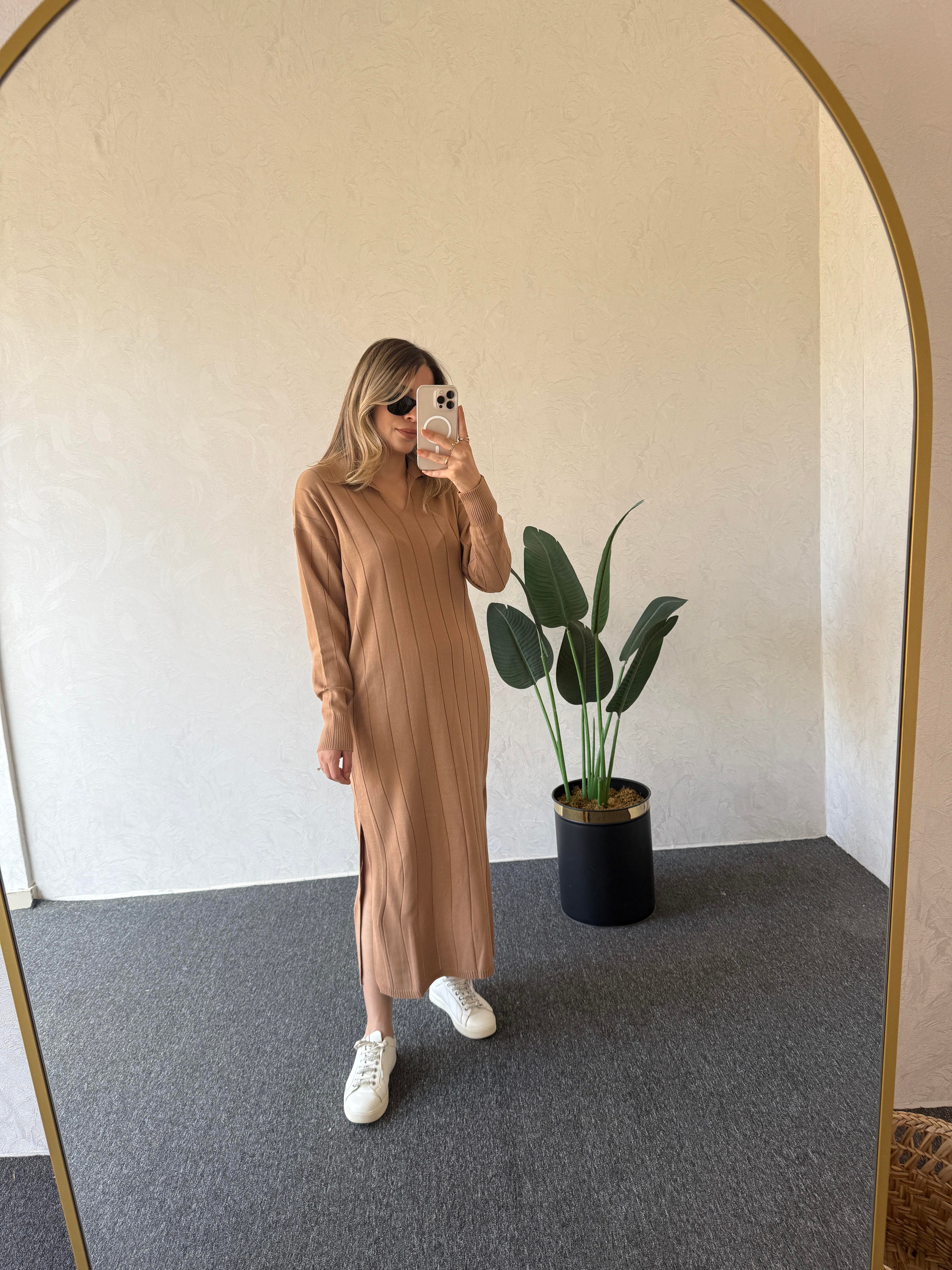 Uzun Kol Basic Elbise Camel - 1064