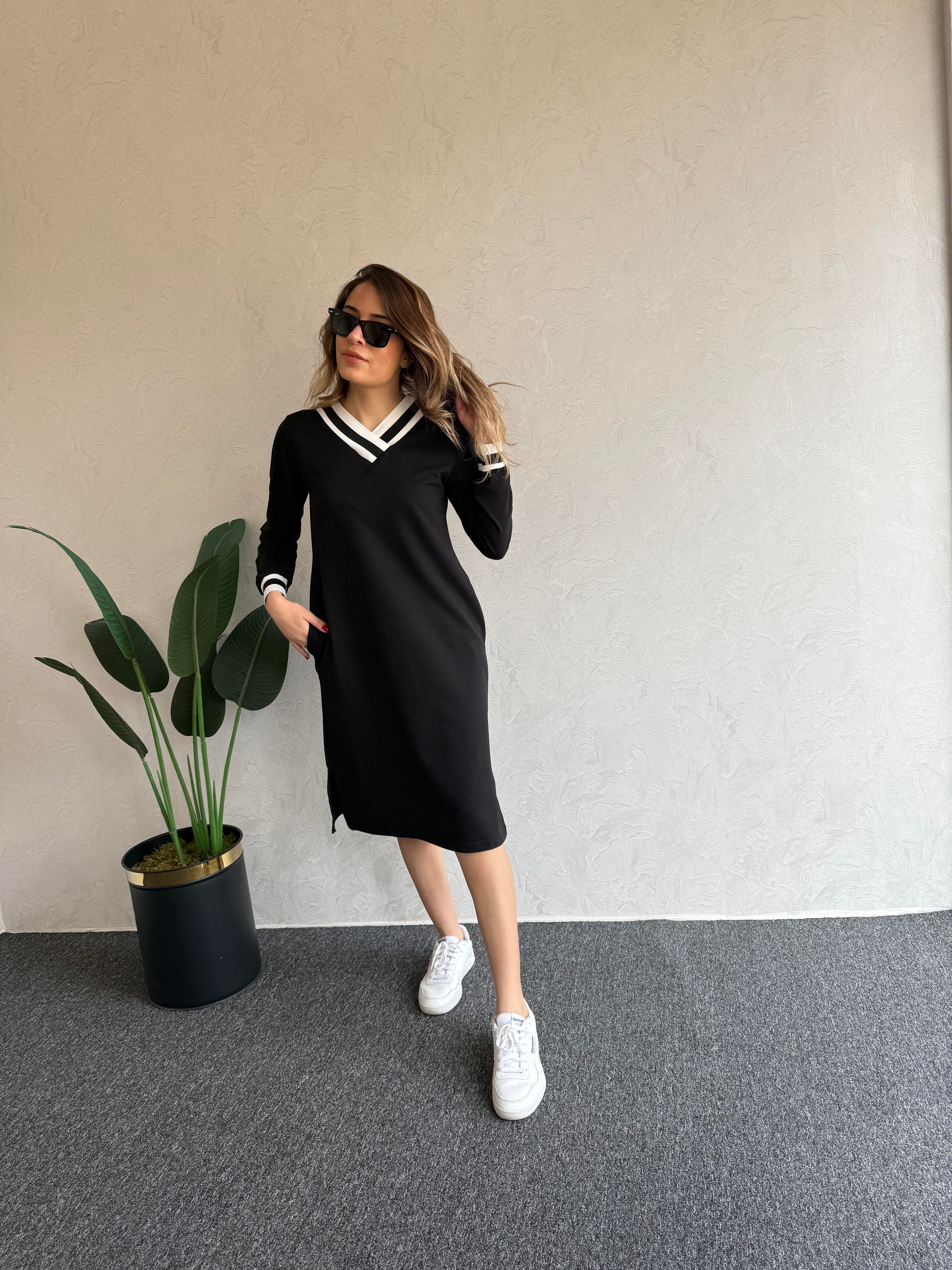 V Yaka Basic Elbise Siyah - 1022