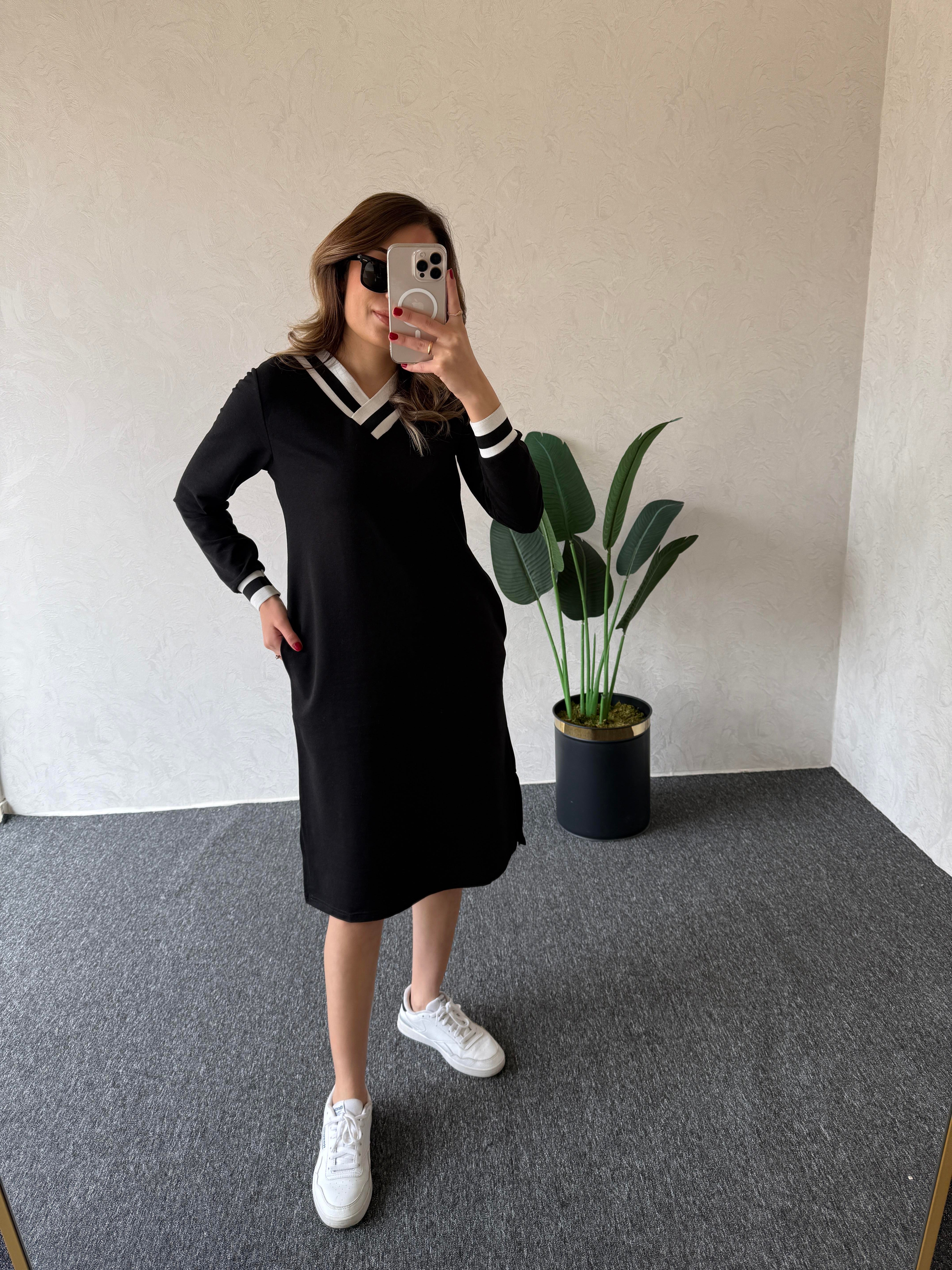 V Yaka Basic Elbise Siyah - 1022