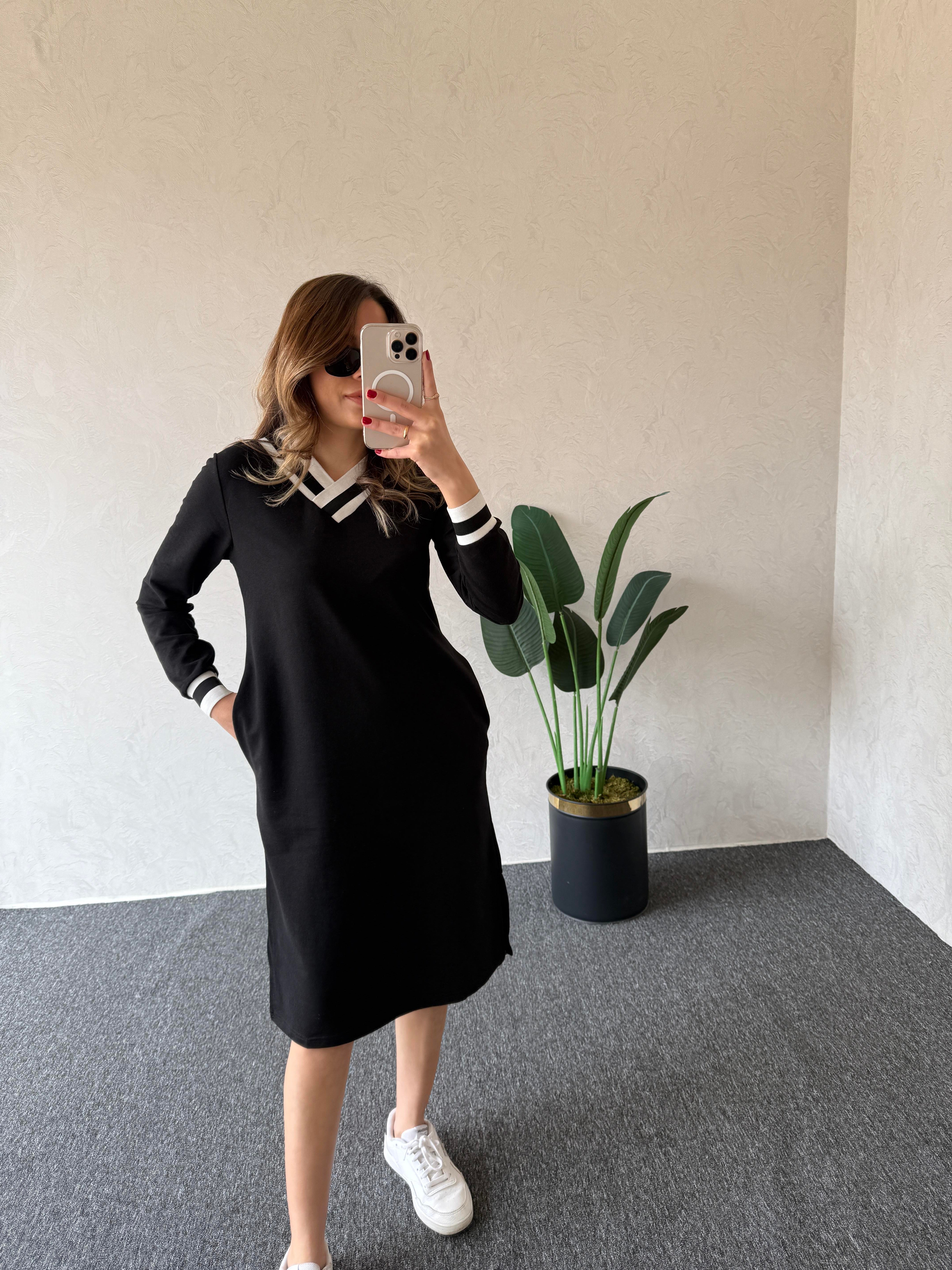 V Yaka Basic Elbise Siyah - 1022
