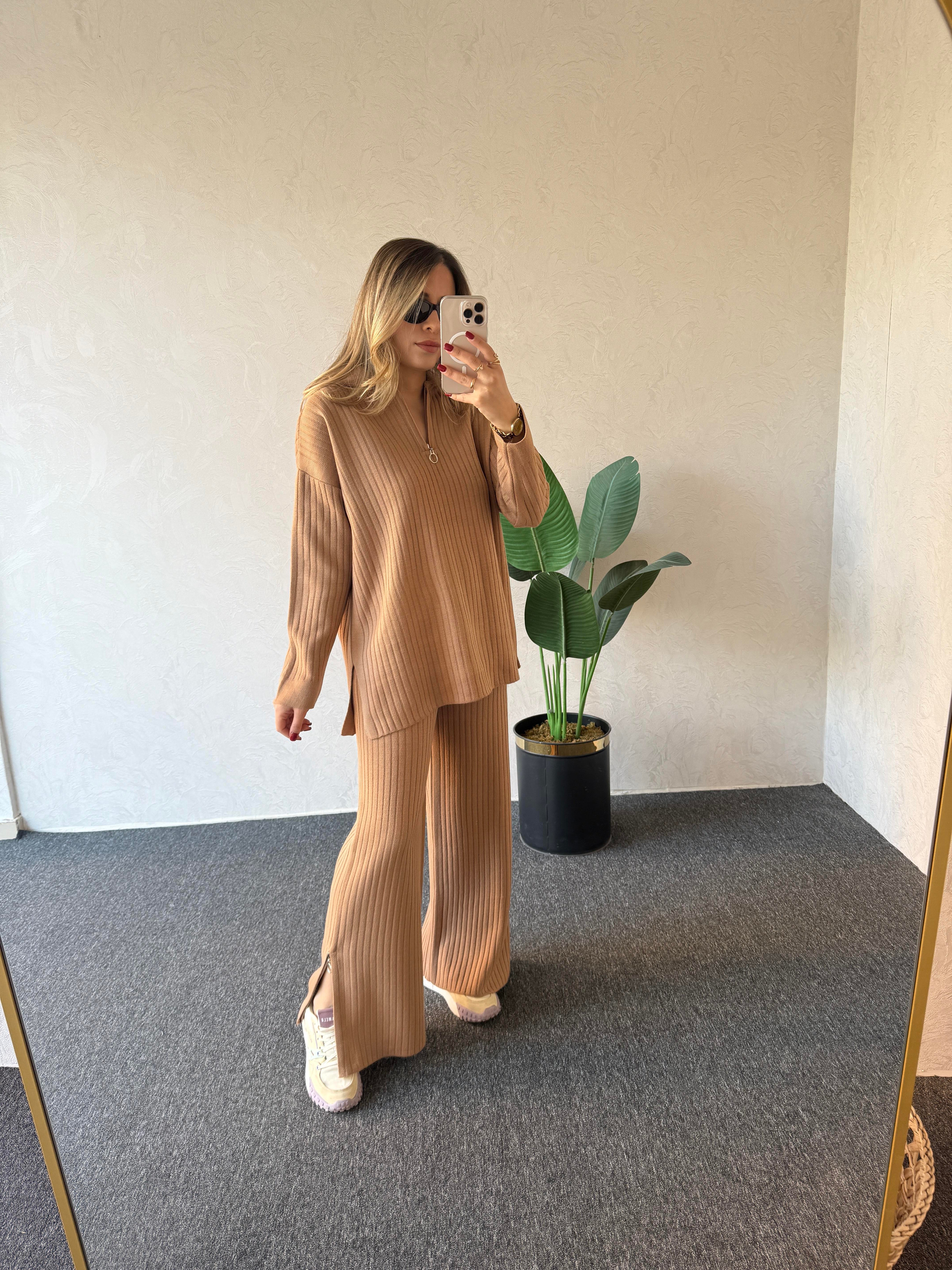 Yaka Paça Fermuar Triko Camel - 1074