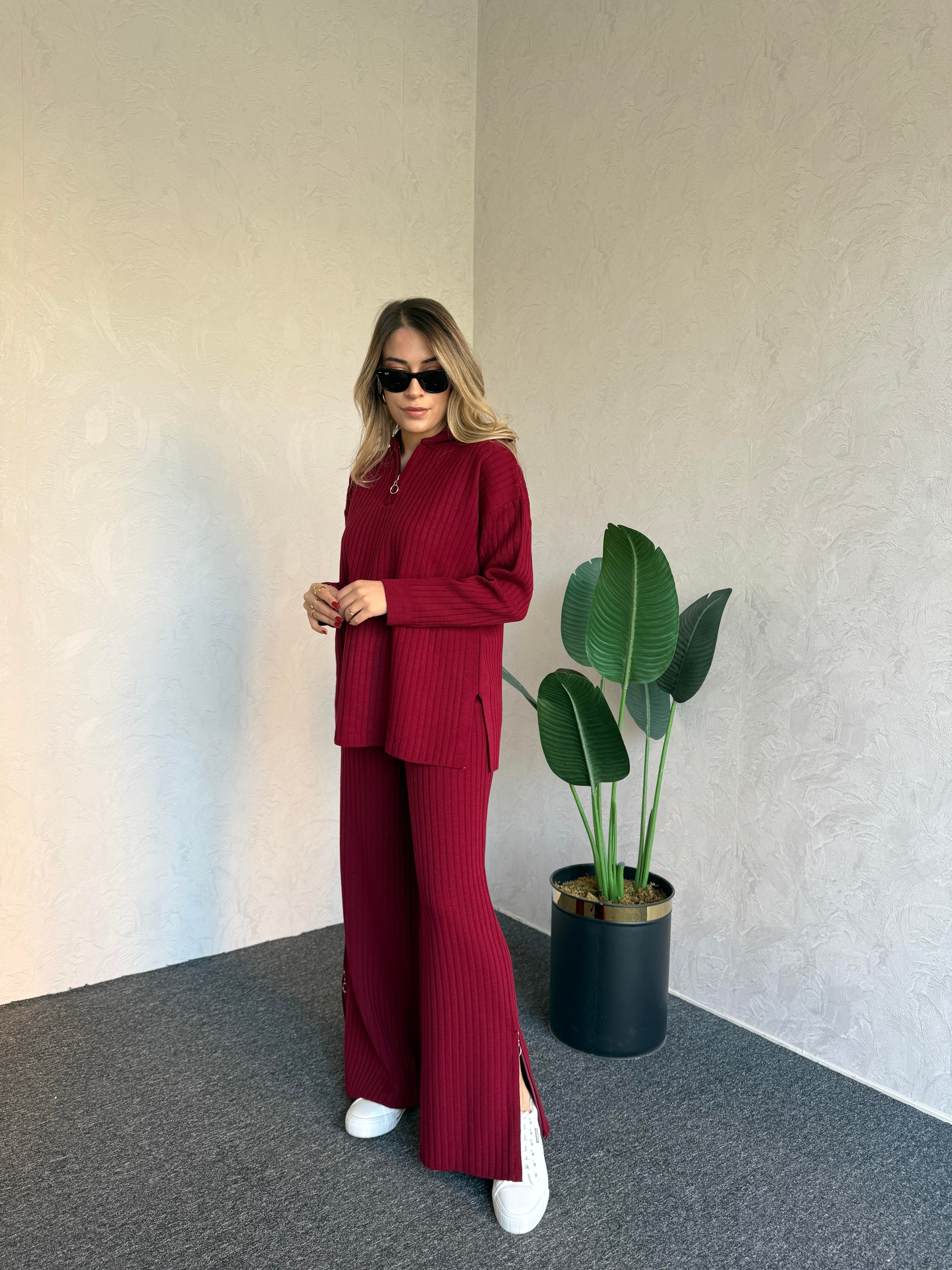 Yaka Paça Fermuar Triko Takım Bordo - 1074