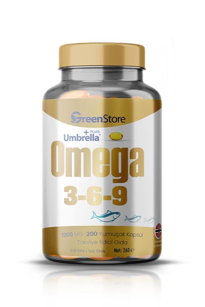 Umbrella Plus Omega 3-6-9 Norveç Balık Yağı 🐟Green Store Umbrella Plus Omega 3-6-9 Norveç Balık Yağı 1300 mg 200 KapsülUmbrella