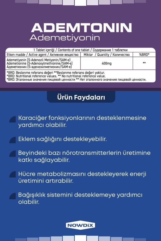 Nowdix Ademtonin 400 mg 20 Tablet TakviyeNowdix Ademtonin (Ademetionin) 400 Mg 20 TabletNowdix