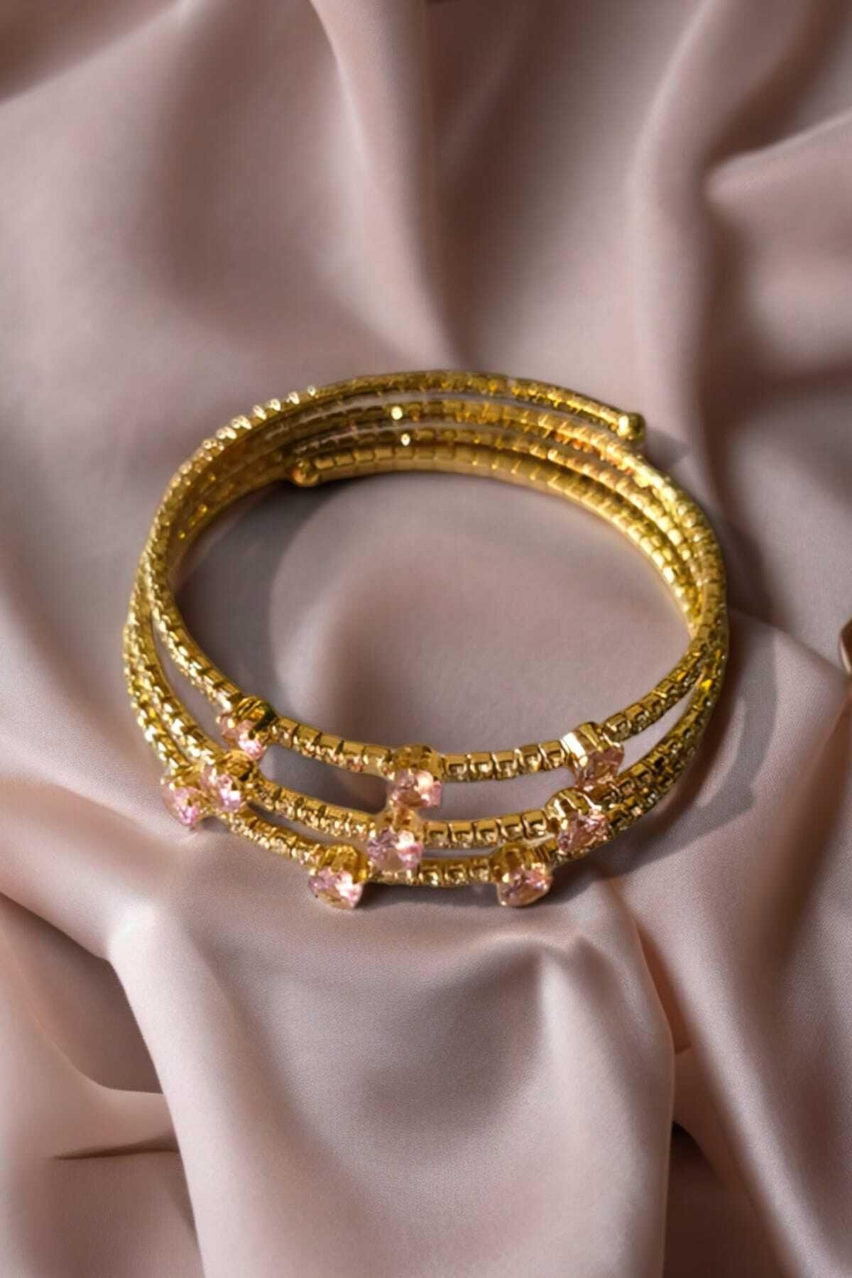 Pembe Taşlı Gold Dolama Kadın Çelik Bileklik