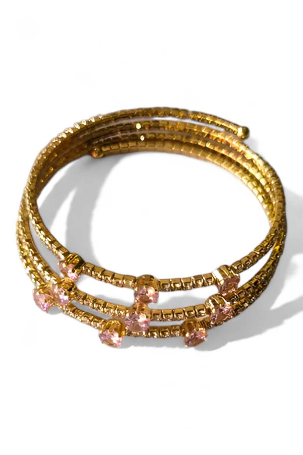 Pembe Taşlı Gold Dolama Kadın Çelik Bileklik