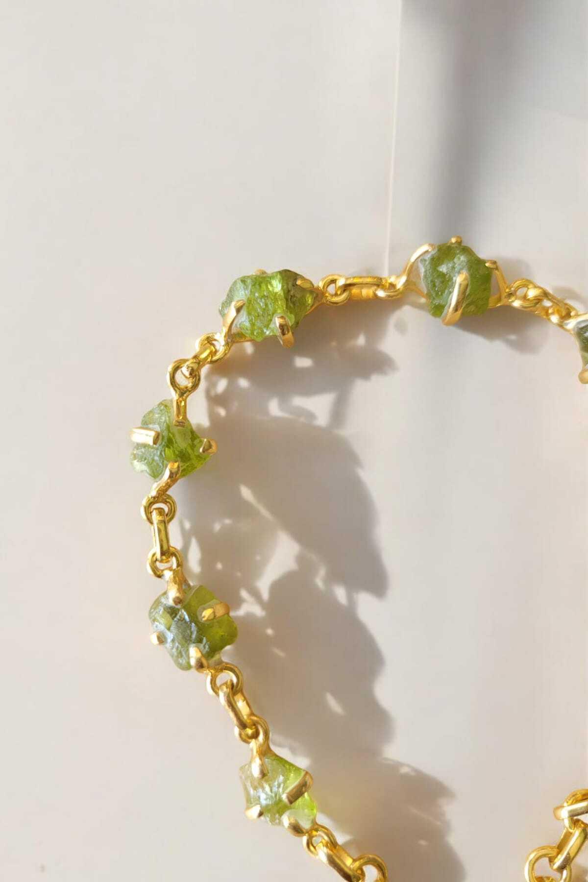 Yeşil Peridot Taşlı Gümüş Gold Renk Kadın Bileklik