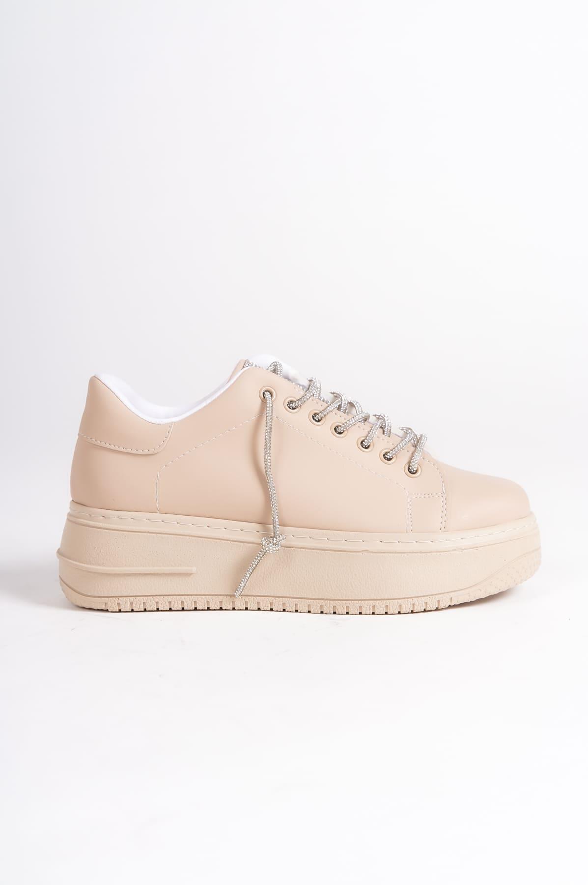 DELLA Bağcıklı Ortopedik Taban Taşlı Kadın Sneaker Spor Ayakkabı CTT - Ten