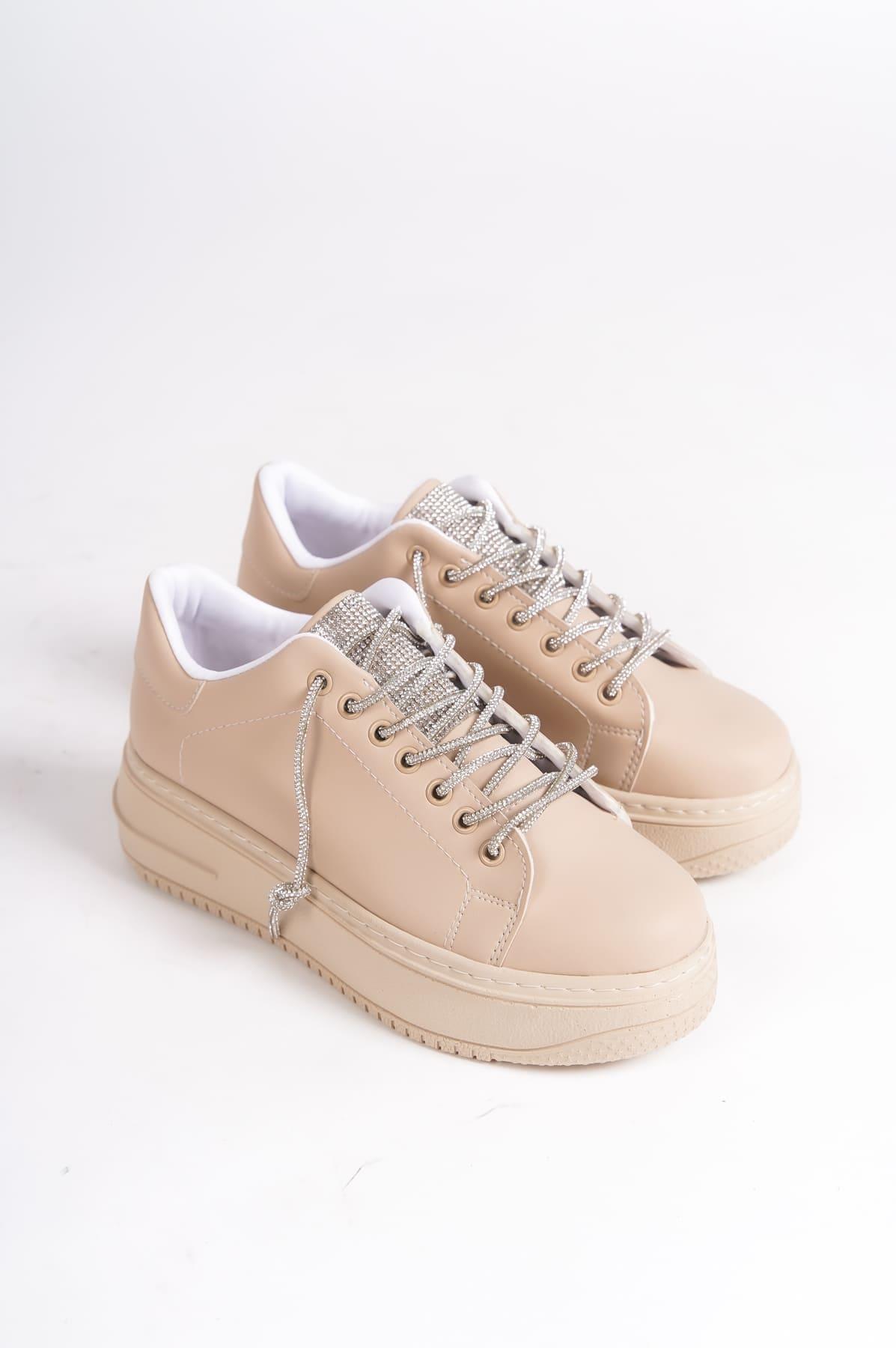 DELLA Bağcıklı Ortopedik Taban Taşlı Kadın Sneaker Spor Ayakkabı CTT - Ten