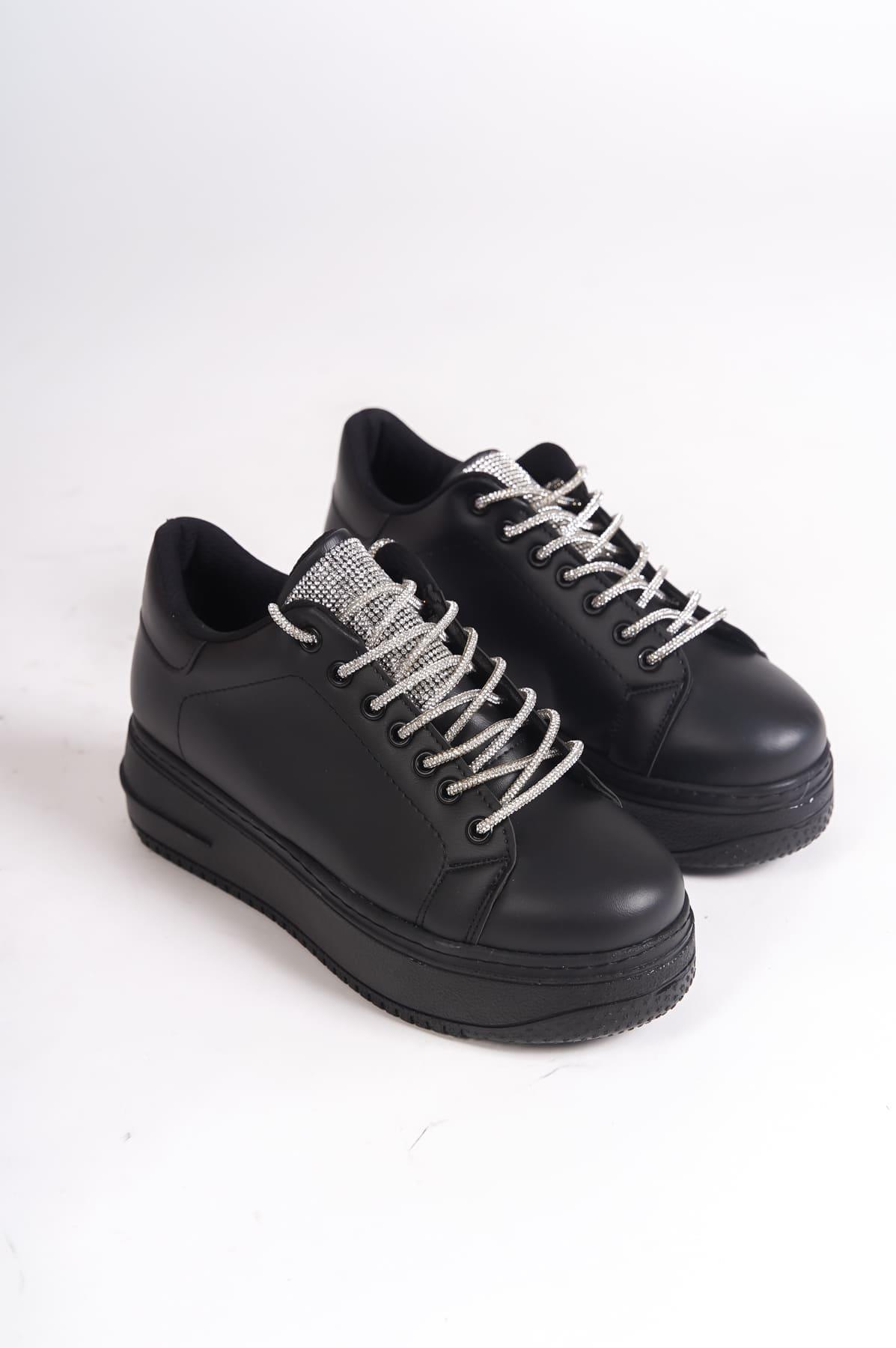 DELLA Bağcıklı Ortopedik Taban Taşlı Kadın Sneaker Spor Ayakkabı  CST - Siyah