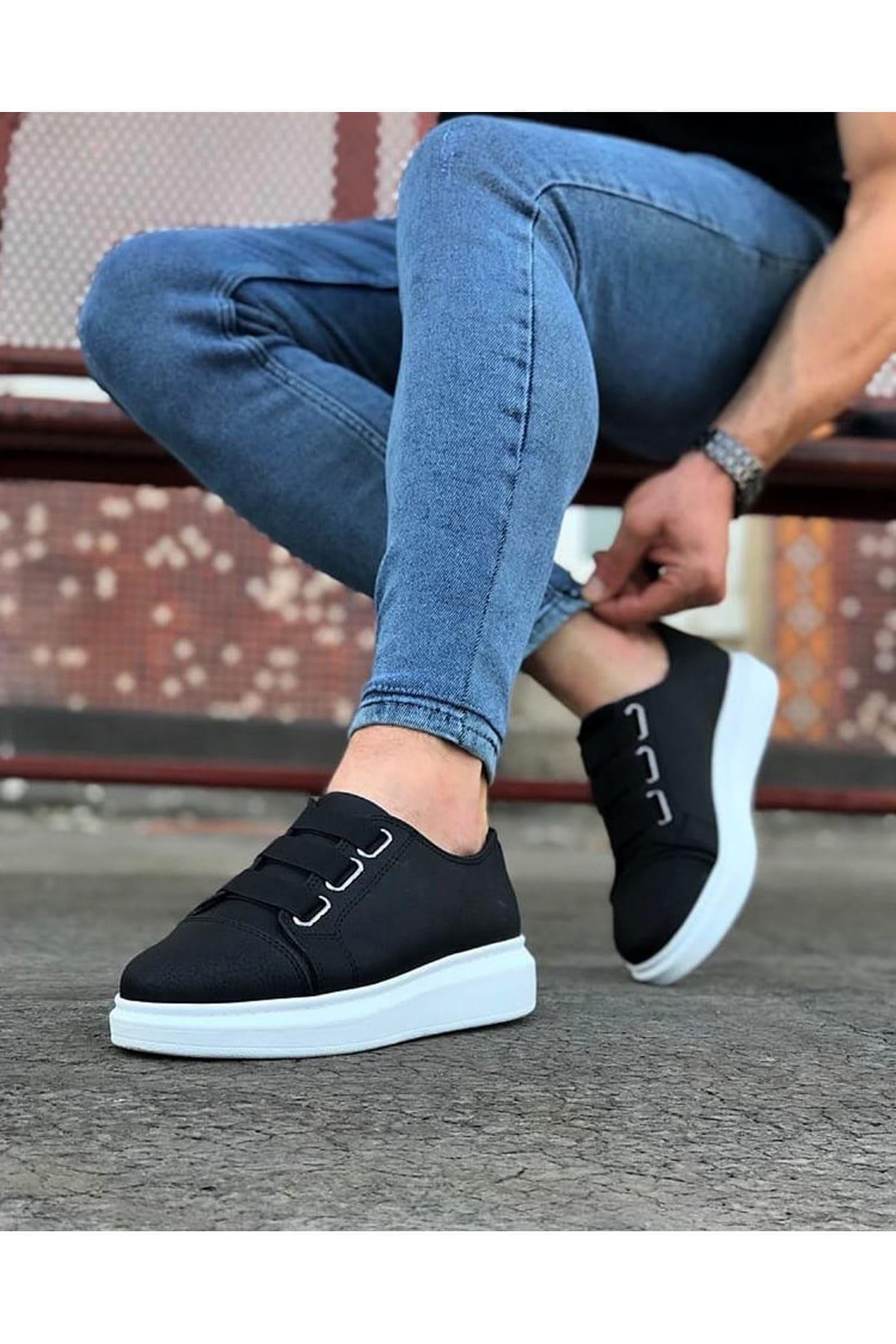 JY026 Astor Erkek Günlük Lastikli Cilt Spor Sneaker Ayakkabı CBT - Siyah