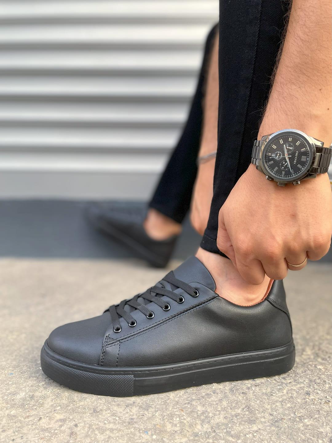 JY122 Mode Bağcıklı Cilt Erkek Günlük Sneaker Ayakkabı CST - Siyah