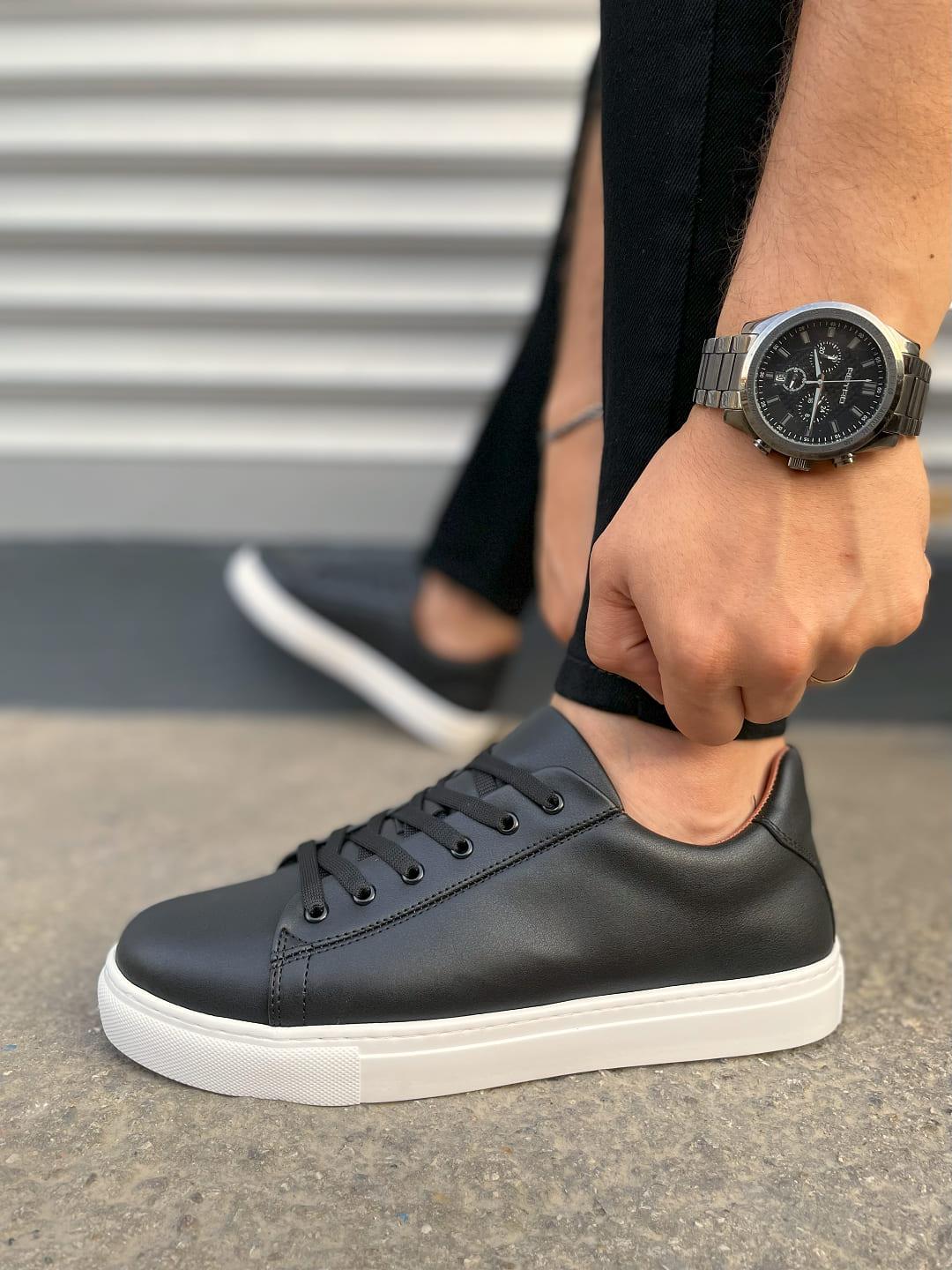 JY122 Mode Bağcıklı Cilt Erkek Günlük Sneaker Ayakkabı CBT - Siyah