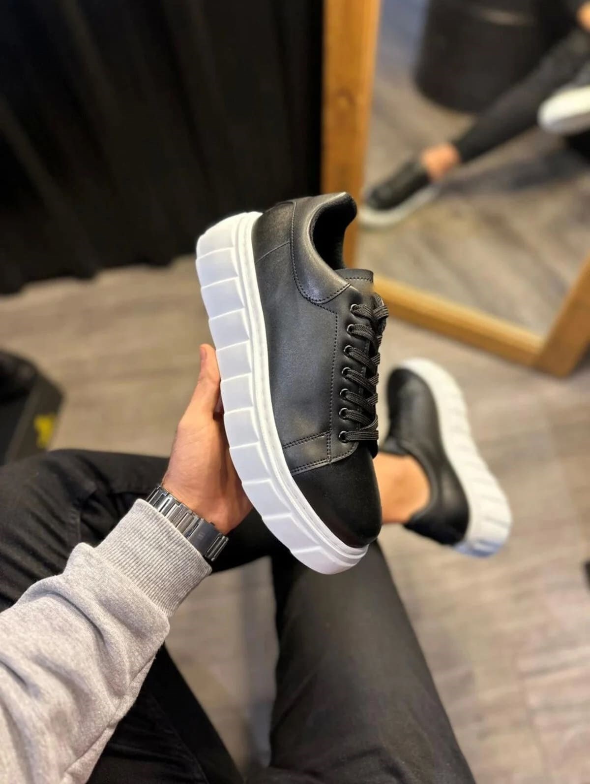 JY144 Volt Bağcıklı Cilt Erkek Günlük Sneaker Yüksek Taban Ayakkabı CBT Siyah