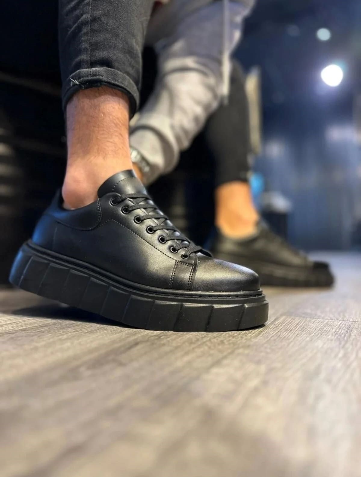 JY144 Volt Bağcıklı Cilt Erkek Günlük Sneaker Yüksek Taban Ayakkabı CST Siyah