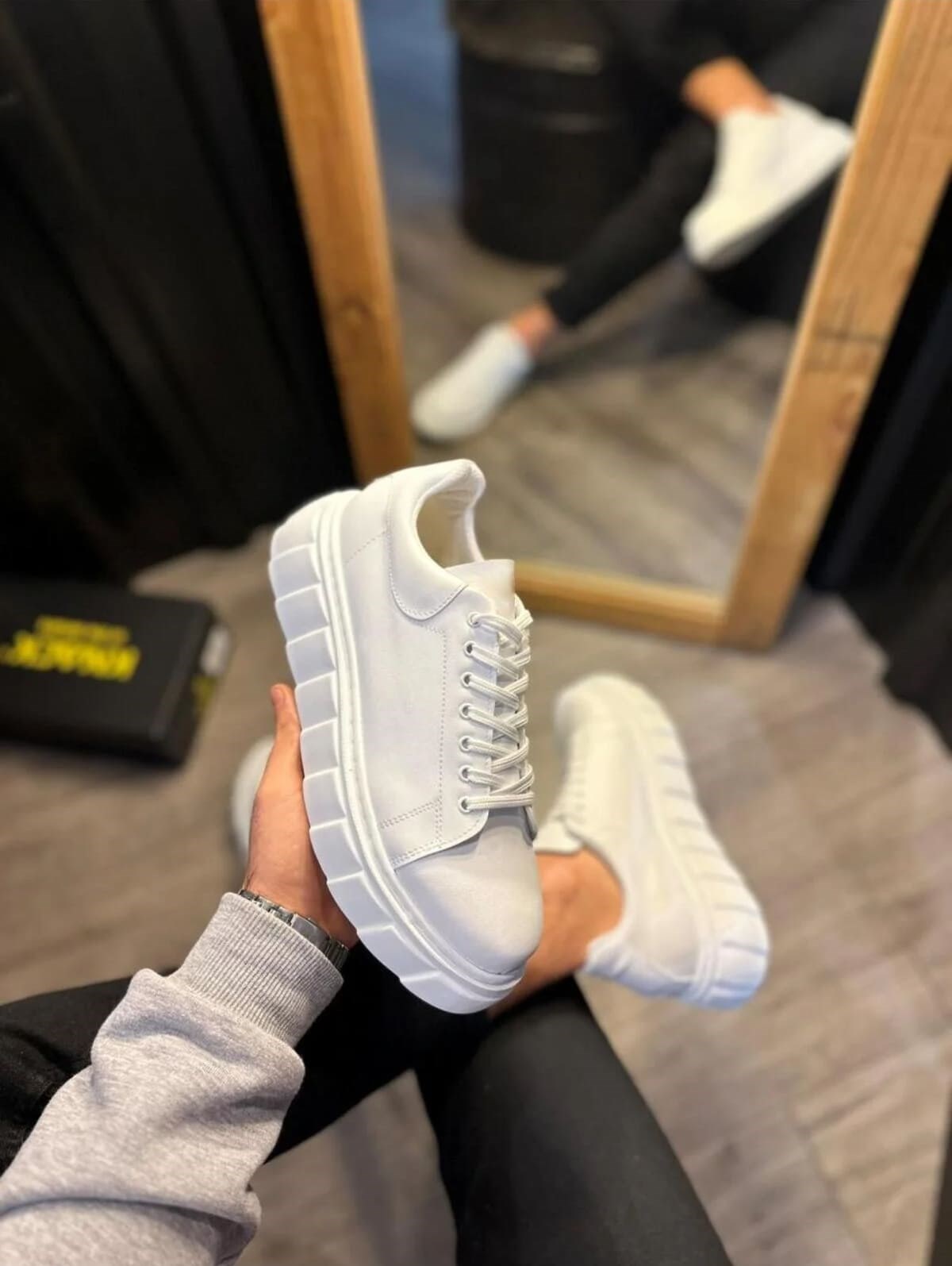 JY144 Volt Bağcıklı Cilt Erkek Günlük Sneaker Yüksek Taban Ayakkabı CBT Beyaz