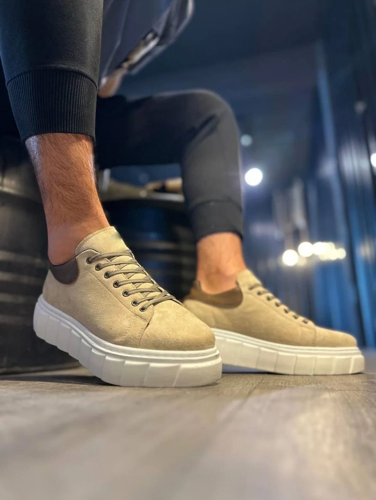JY144 Volt Bağcıklı Süet Erkek Günlük Sneaker Yüksek Taban Ayakkabı SBT Krem
