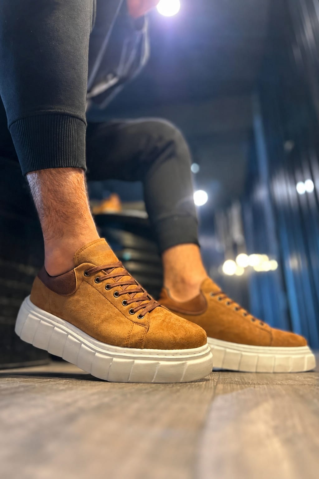 JY144 Volt Bağcıklı Süet Erkek Günlük Sneaker Yüksek Taban Ayakkabı SBT Taba