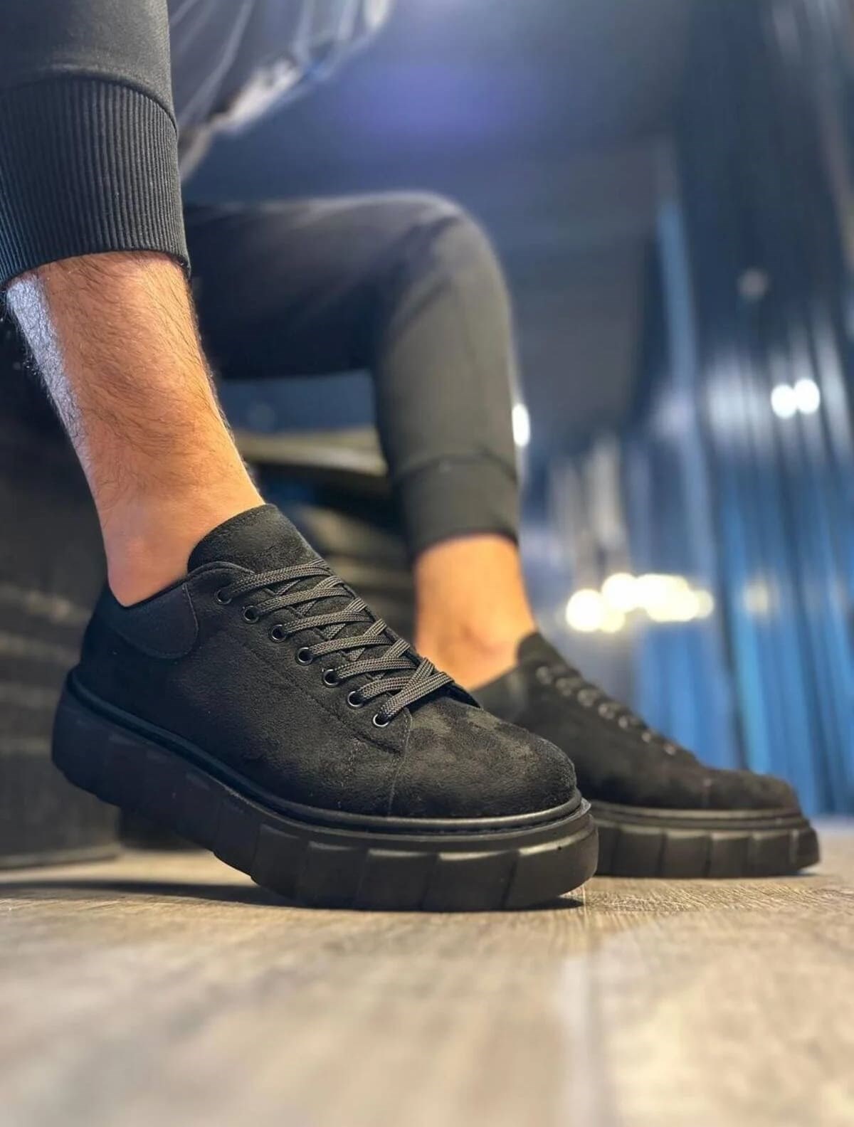 JY144 Volt Bağcıklı Süet Erkek Günlük Sneaker Yüksek Taban Ayakkabı SST Siyah