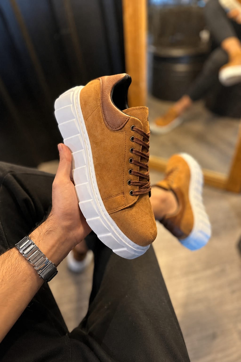JY144 Volt Bağcıklı Süet Erkek Günlük Sneaker Yüksek Taban Ayakkabı SBT Taba