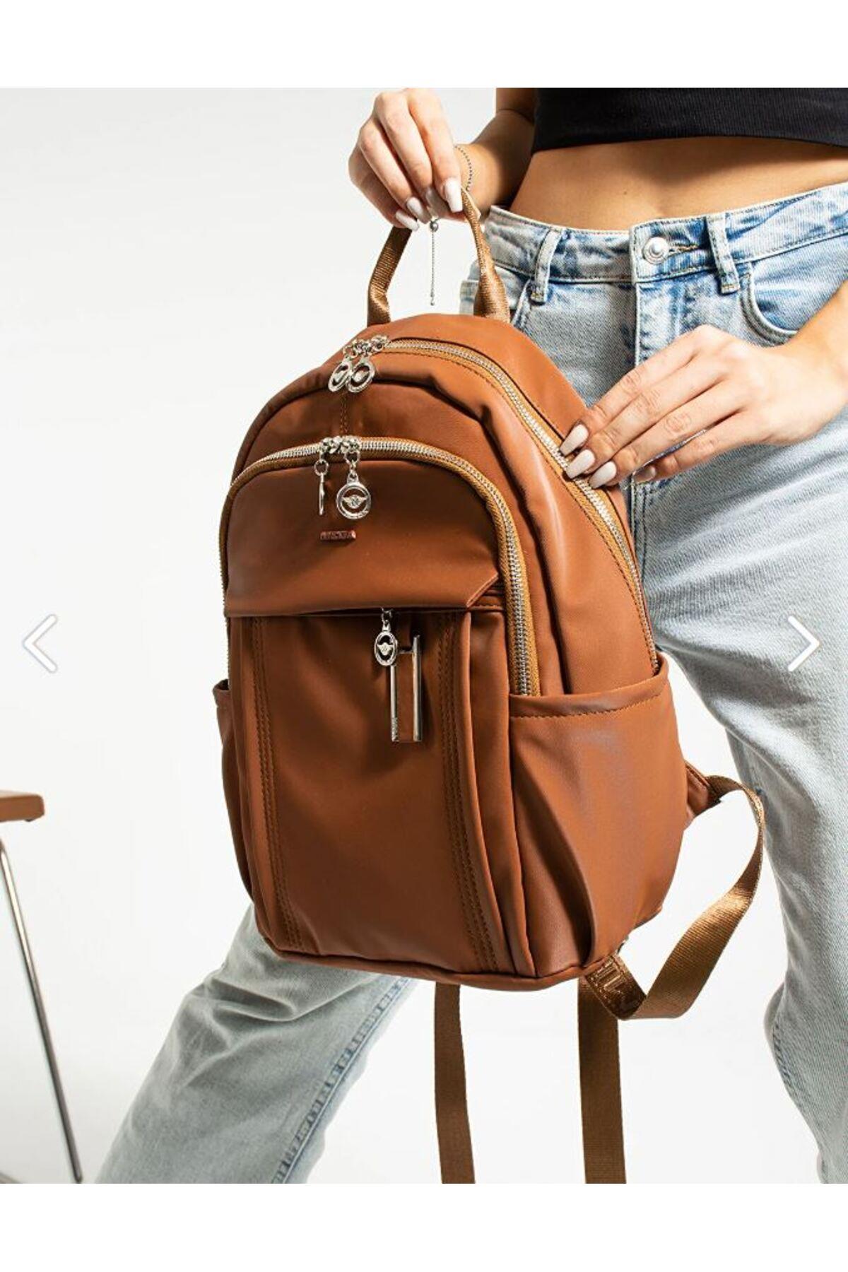 MEGA Kadın Saten Kumaş Orta Boy Çok Bölmeli Astarlı Yan Cepli LAPTOP Bölmeli Sırt Çantası