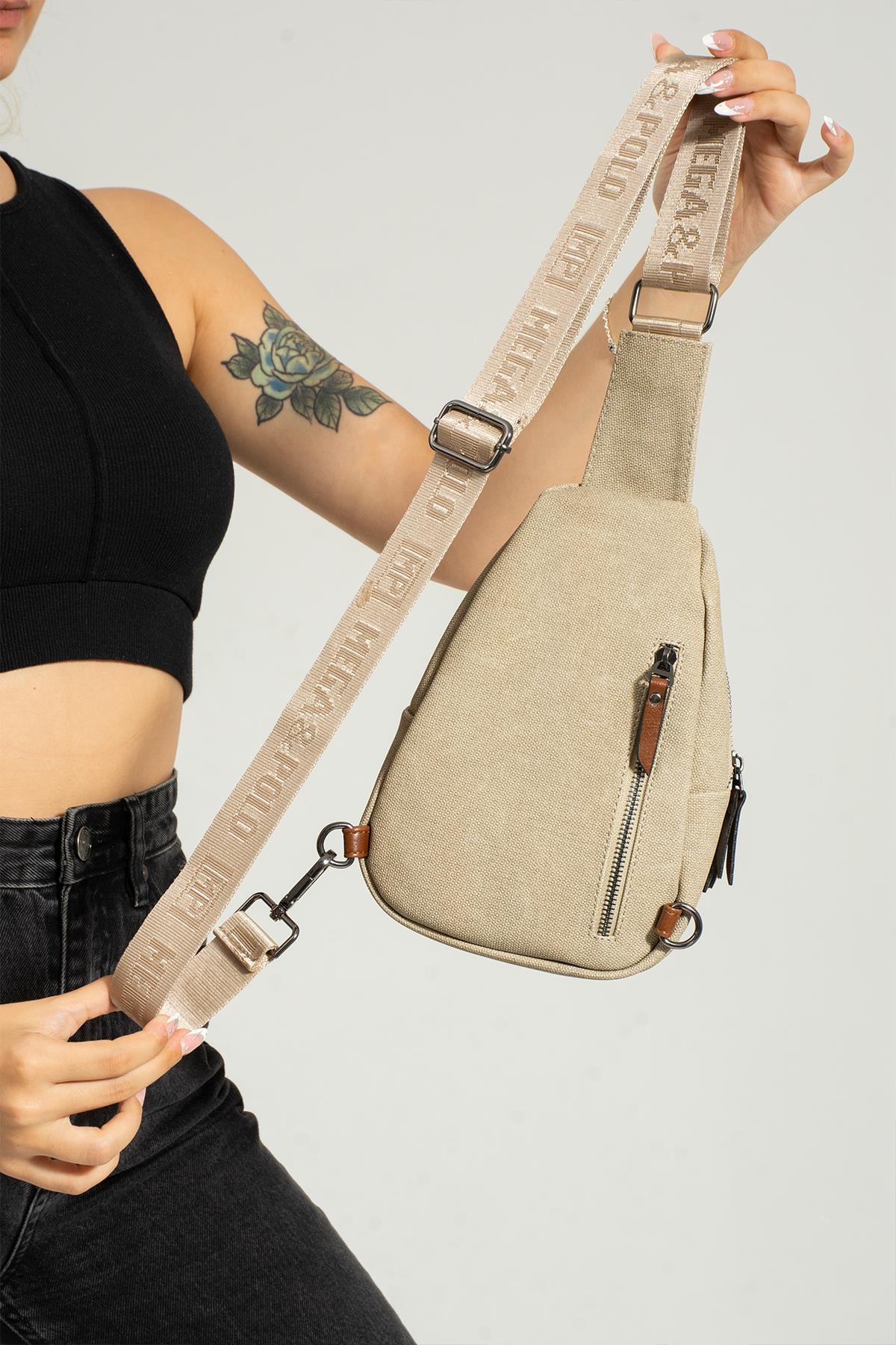 Unisex Çapraz Omuz ve Göğüs Çantası Body Bag Kanvas Çok Bölmeli Kullanışlı Keten Fermuarlı Çanta