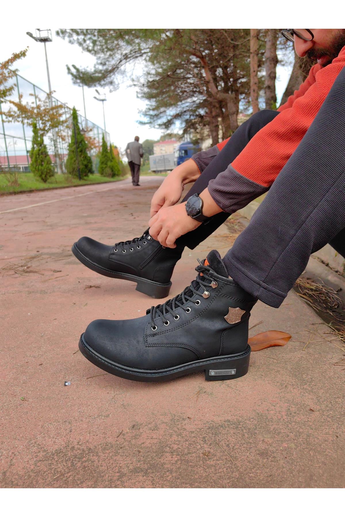 Unisex Kauçuk Kaymaz Taban Motor Style Kışlık Fermuarlı ve Bağcıklı Nubuk Bot
