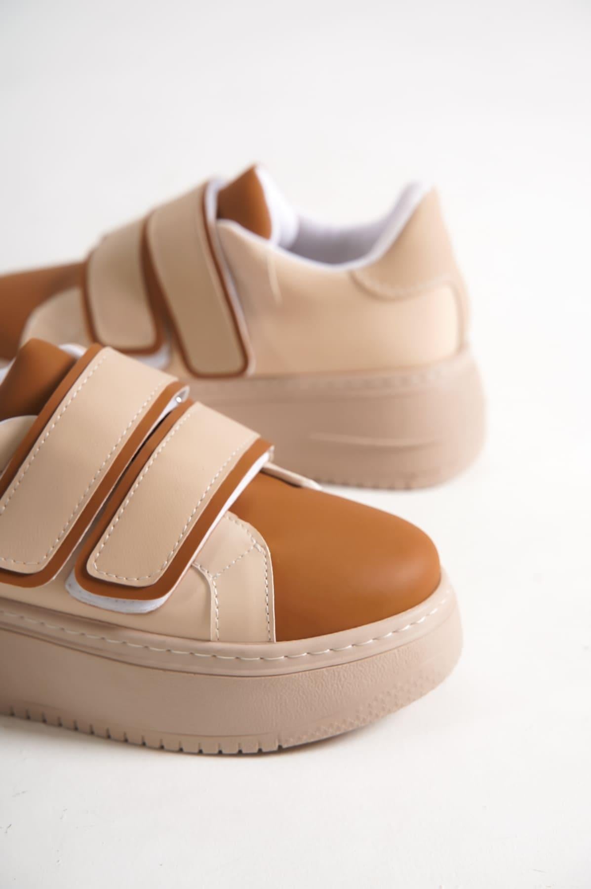 VALENCIA Bağcıksız Cırt Cırtlı Ortopedik Taban Kadın Sneaker Spor Ayakkabı CTT - Ten/Kahve