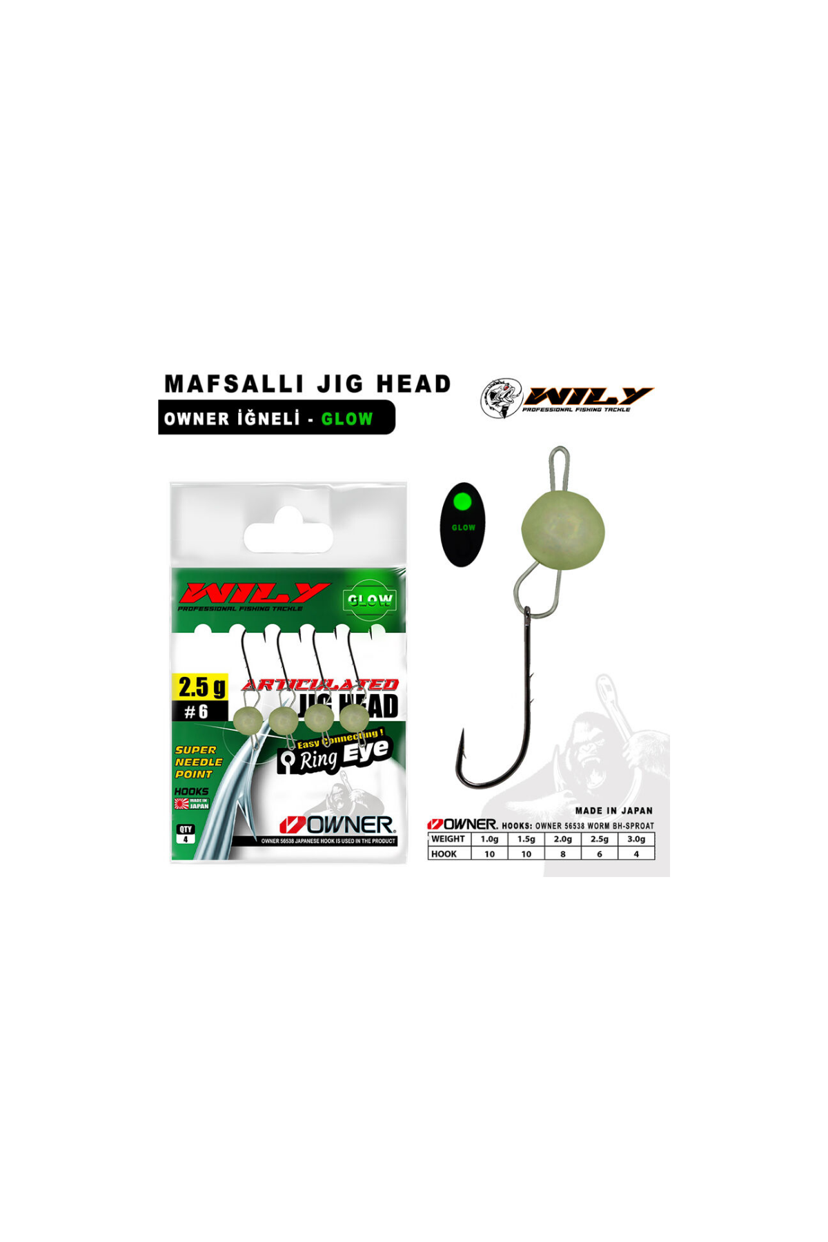 Wily Jig Head Mafsallı Glow 2,5 gr
