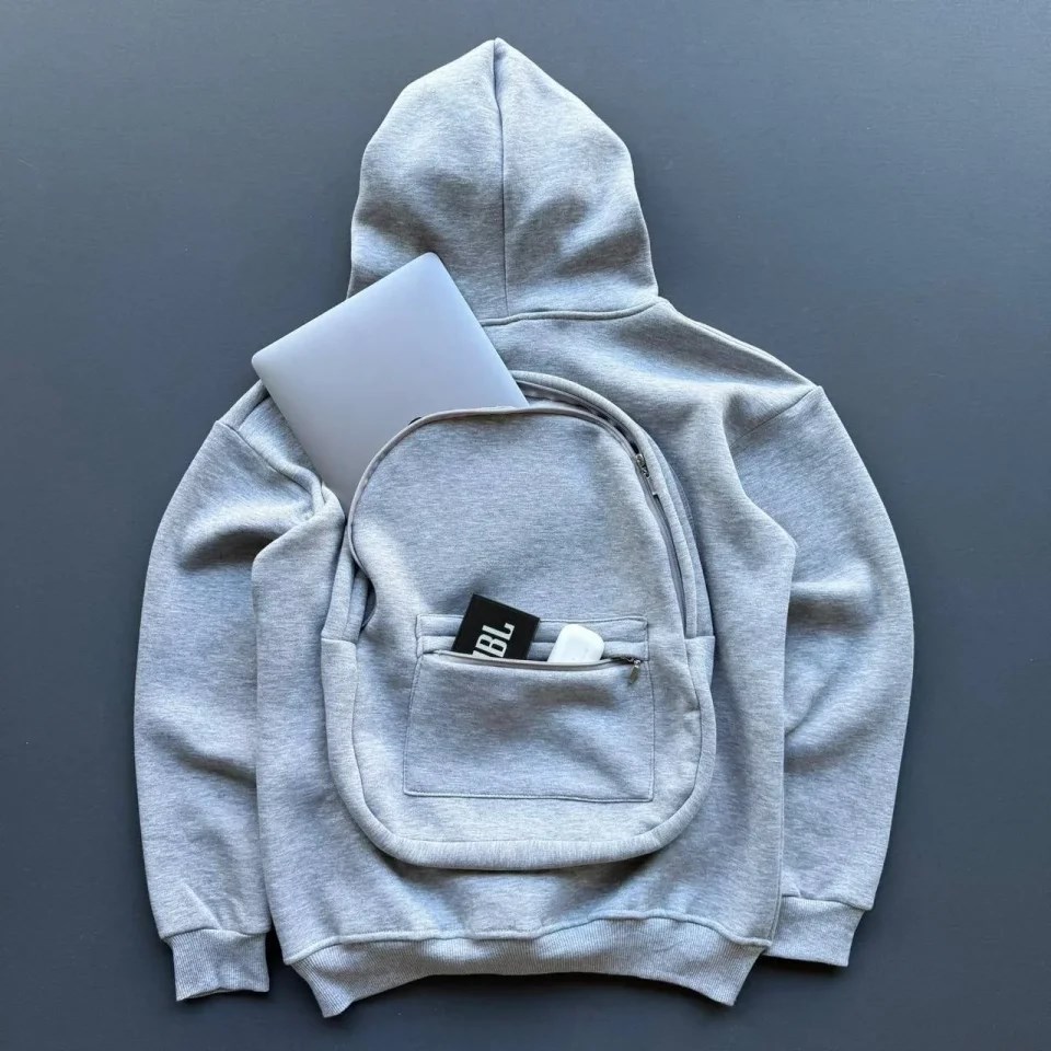 3 İplik Şardonlu Tam Fermuarlı Kapüşonlu Arka Çanta Detaylı Sweatshirt - Gri