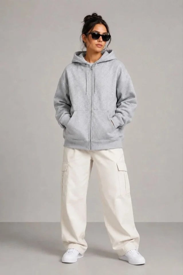 3 İplik Şardonlu Tam Fermuarlı Kapüşonlu Arka Çanta Detaylı Sweatshirt - Gri