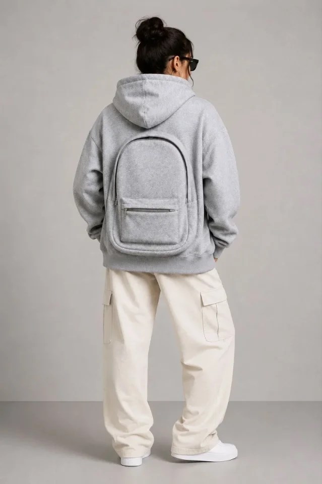 3 İplik Şardonlu Tam Fermuarlı Kapüşonlu Arka Çanta Detaylı Sweatshirt - Gri