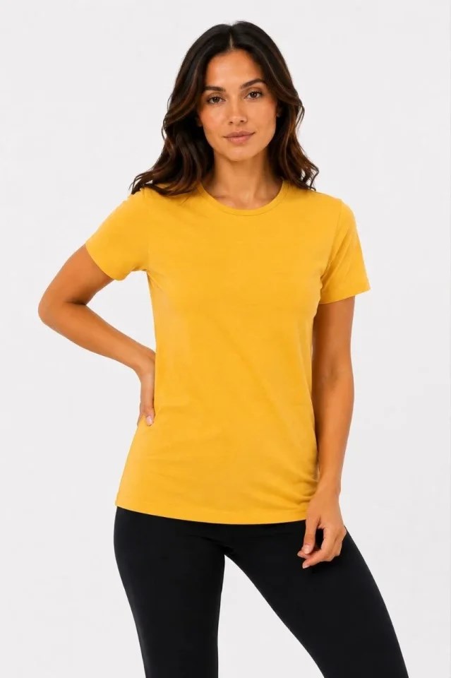 Basic Bisiklet Yaka Yazlık Slim Fit T-Shirt - Mavi - Hardal Sarısı
