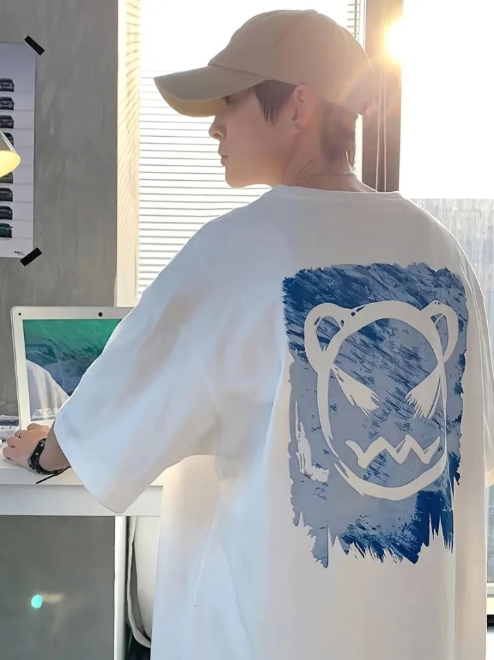Baskılı Oversize Bisiklet Yaka T-shirt - Beyaz