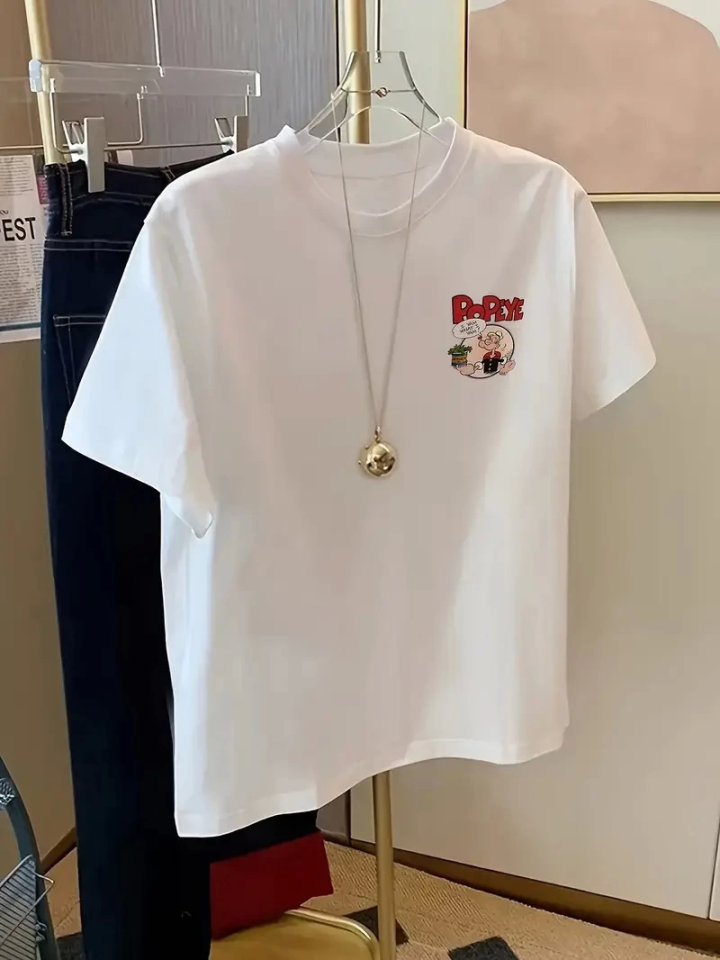 Baskılı Oversize Bisiklet Yaka T-shirt - Beyaz